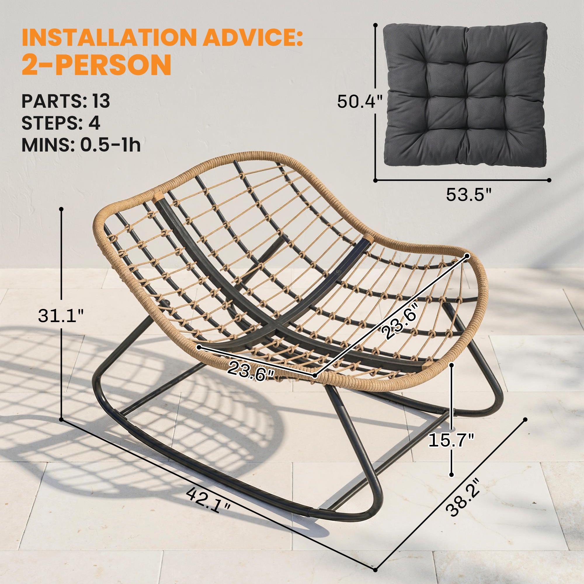 Indoor Outdoor Papasan Rocking Chair, Oversized Rocking Egg Chair with Cushion for Garden, Patio, Dark Gray