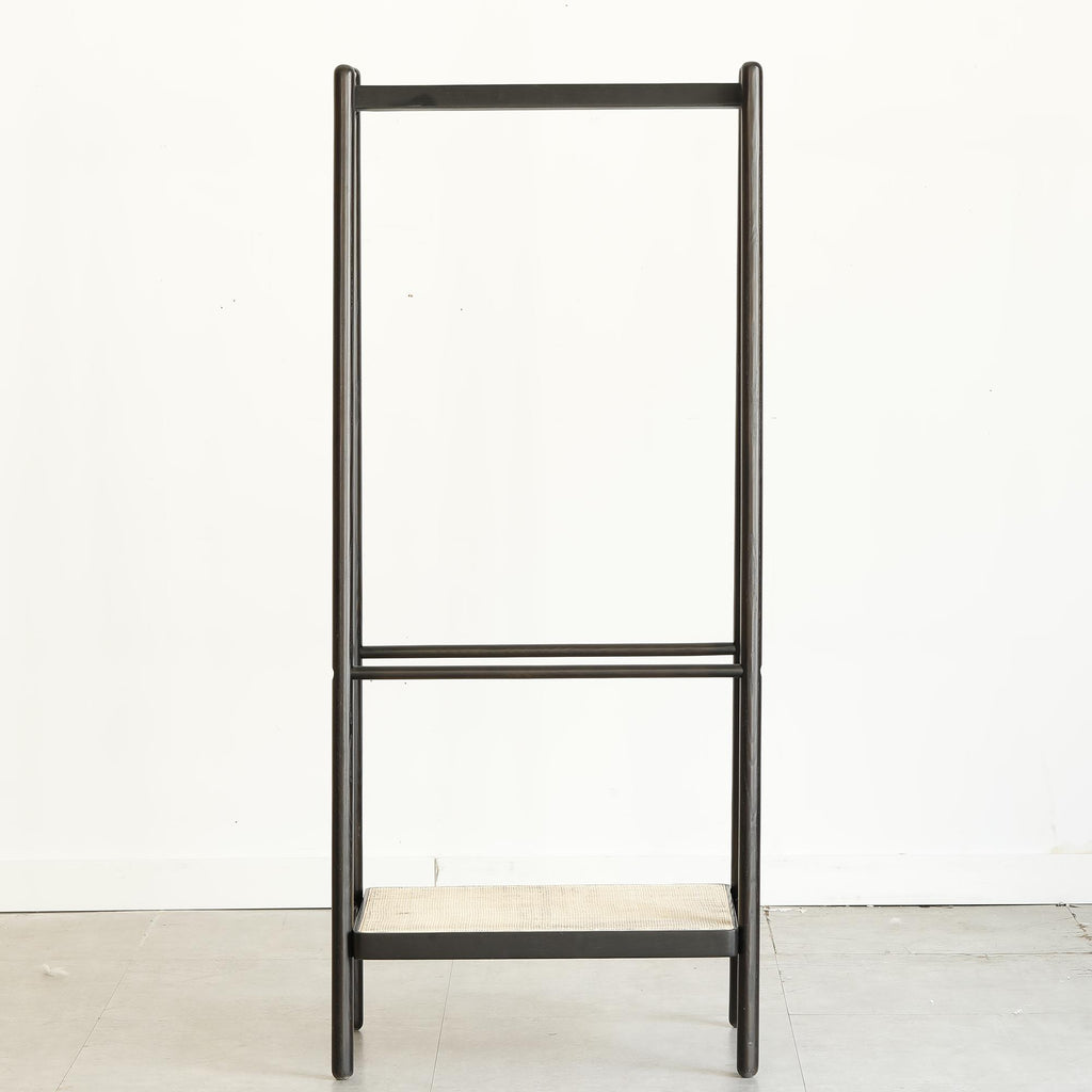 Solid Oak Clothes Rack with Handcrafted Rattan Hangers, Standing Garment Rack for Clothes, Bags & Shoes, 27.5″ L x 18″ W x 65″ H, Black