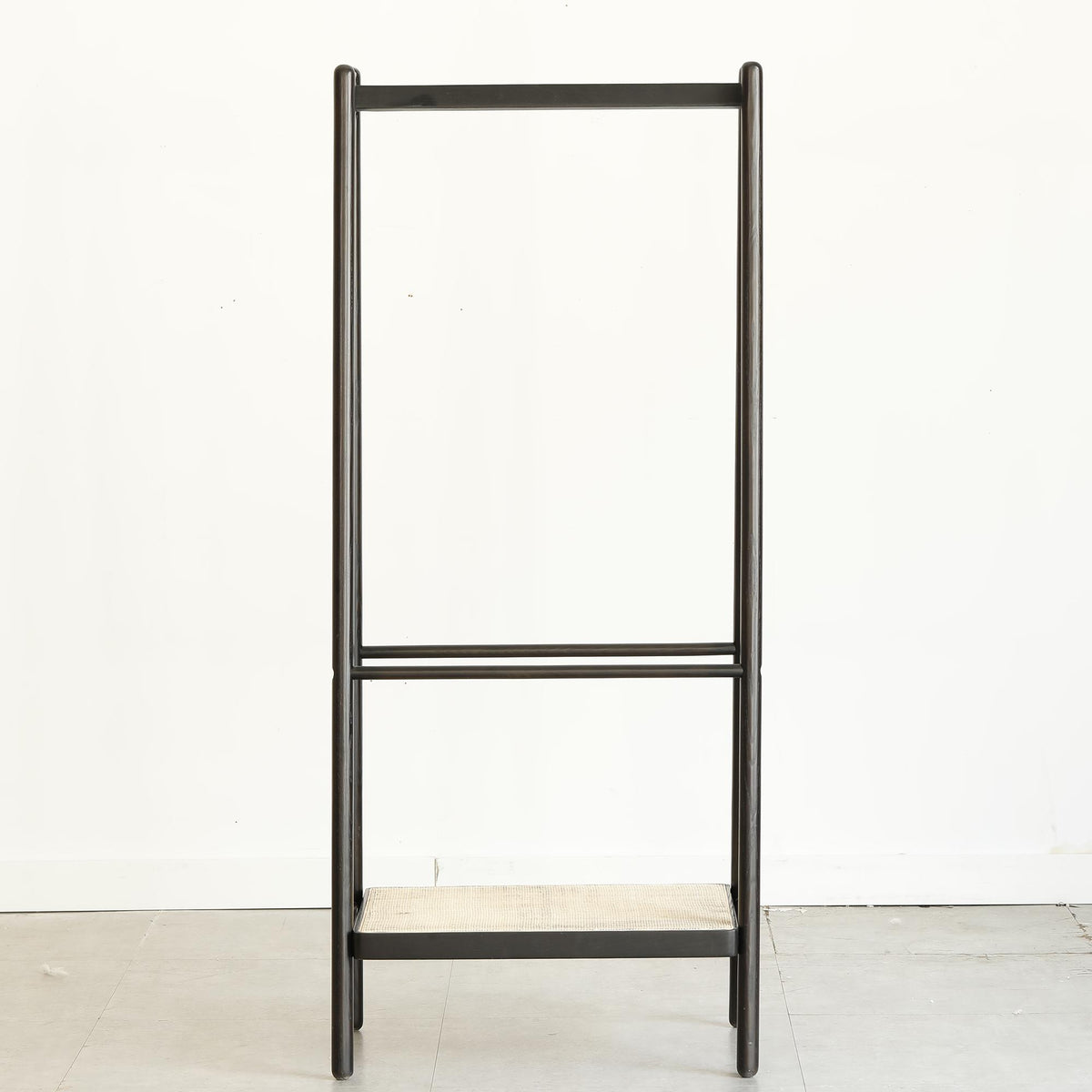 Solid Oak Clothes Rack with Handcrafted Rattan Hangers, Standing Garment Rack for Clothes, Bags & Shoes, 27.5″ L x 18″ W x 65″ H, Black