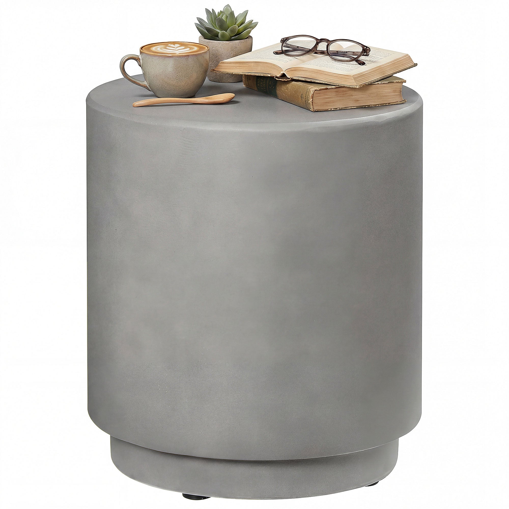 Lightweight Accent Table with Concrete Finish Round Side Table, Light Gray