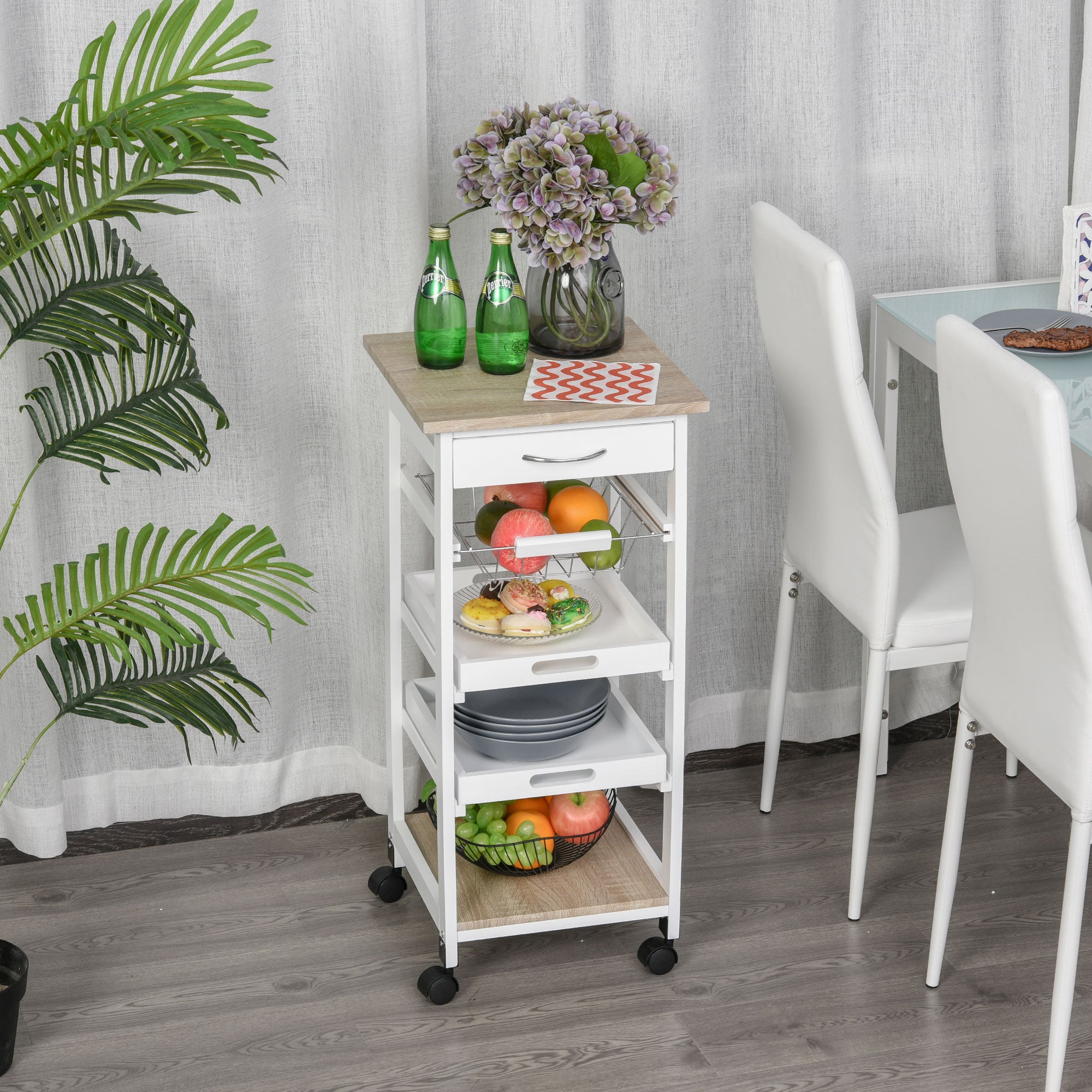 Mobile Kitchen Cart, Rolling Kitchen Island with Storage, Utility Cart with Wire Fruit Baskets, Trays and Drawer, White
