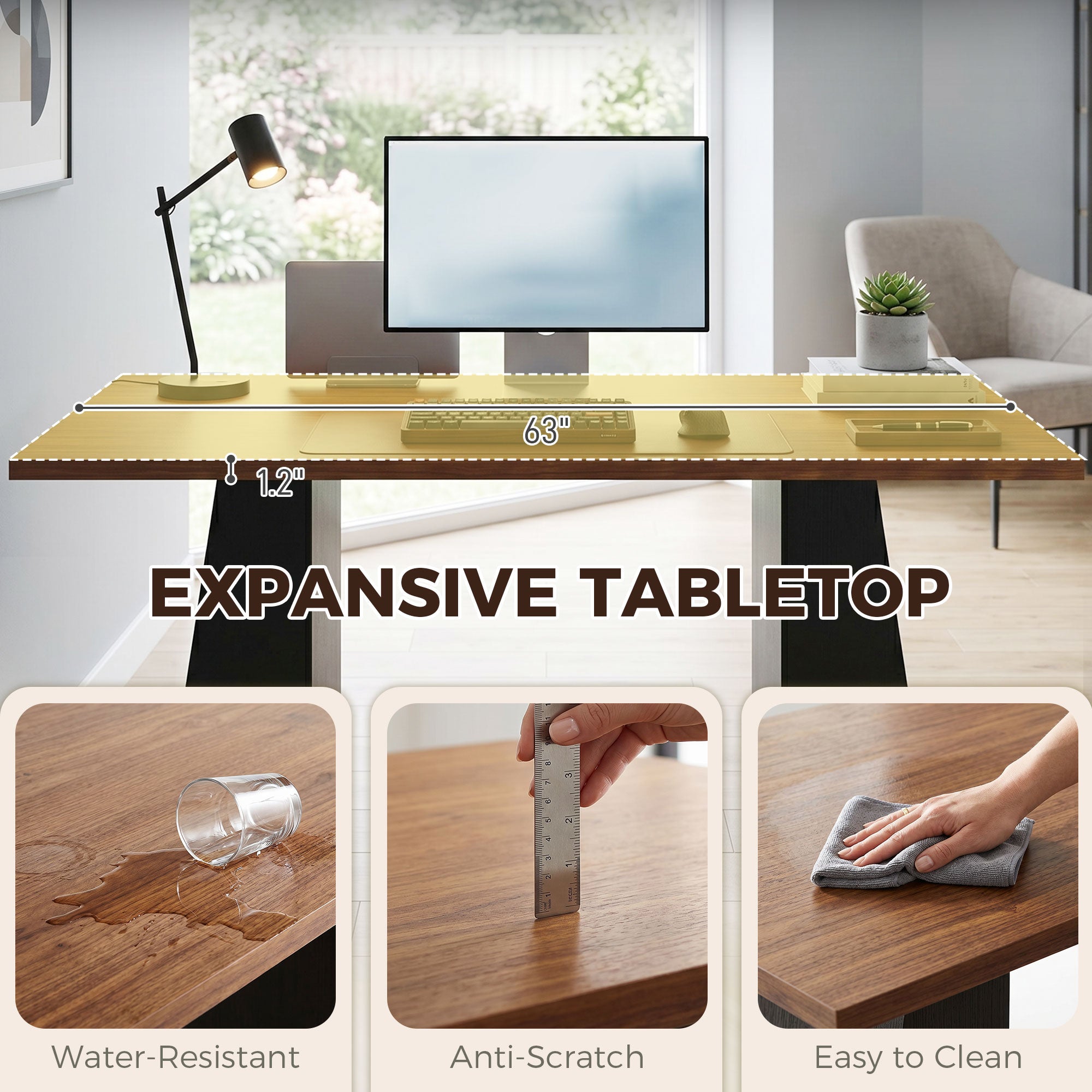 63 Inch Computer Desk with Trapezoidal Frame Light Walnut and Black
