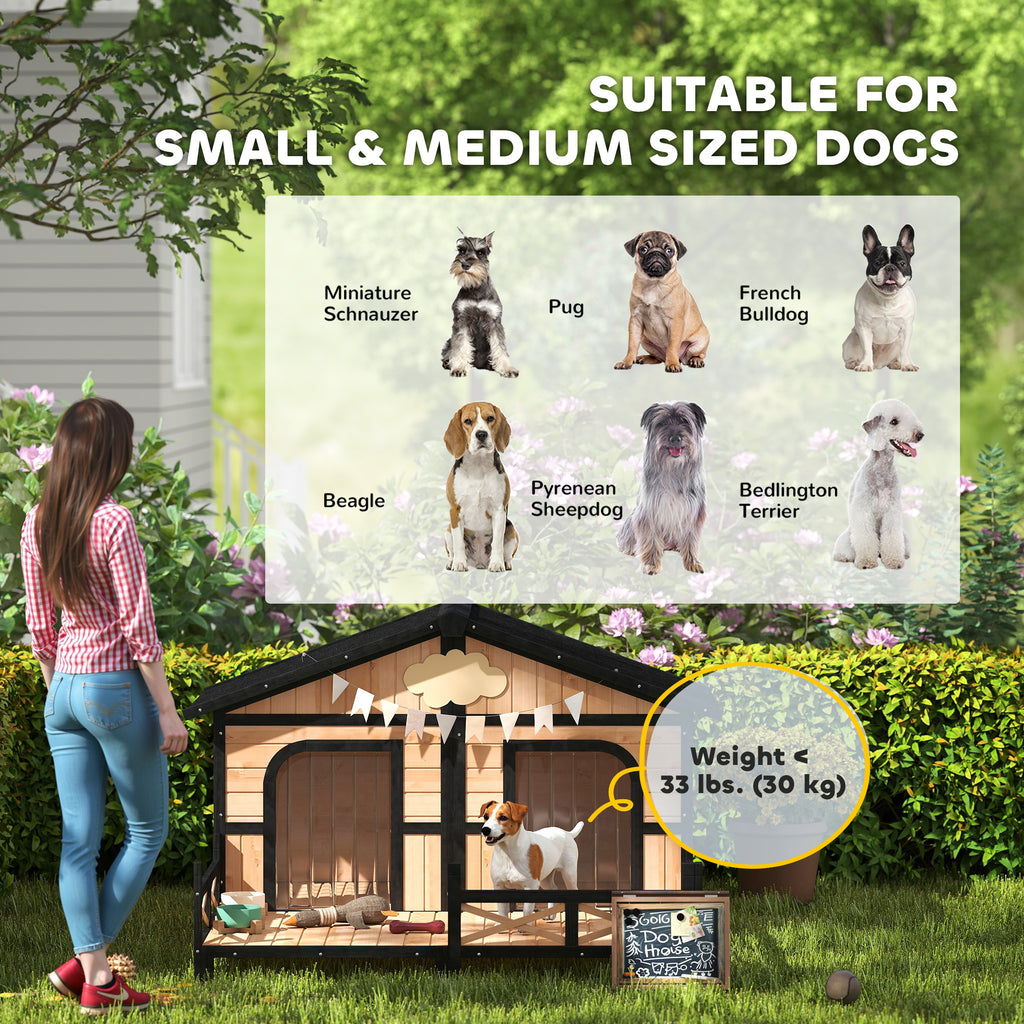 Dog House Outdoor, Wooden Dog Kennel Weatherproof with Porch, Openable Roof, Removable Bottom, Elevated Floor, Double Room for 2 Small to Medium Breeds, Natural