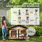 Dog House Outdoor, Wooden Dog Kennel Weatherproof with Porch, Openable Roof, Removable Bottom, Elevated Floor, Double Room for 2 Small to Medium Breeds, Natural