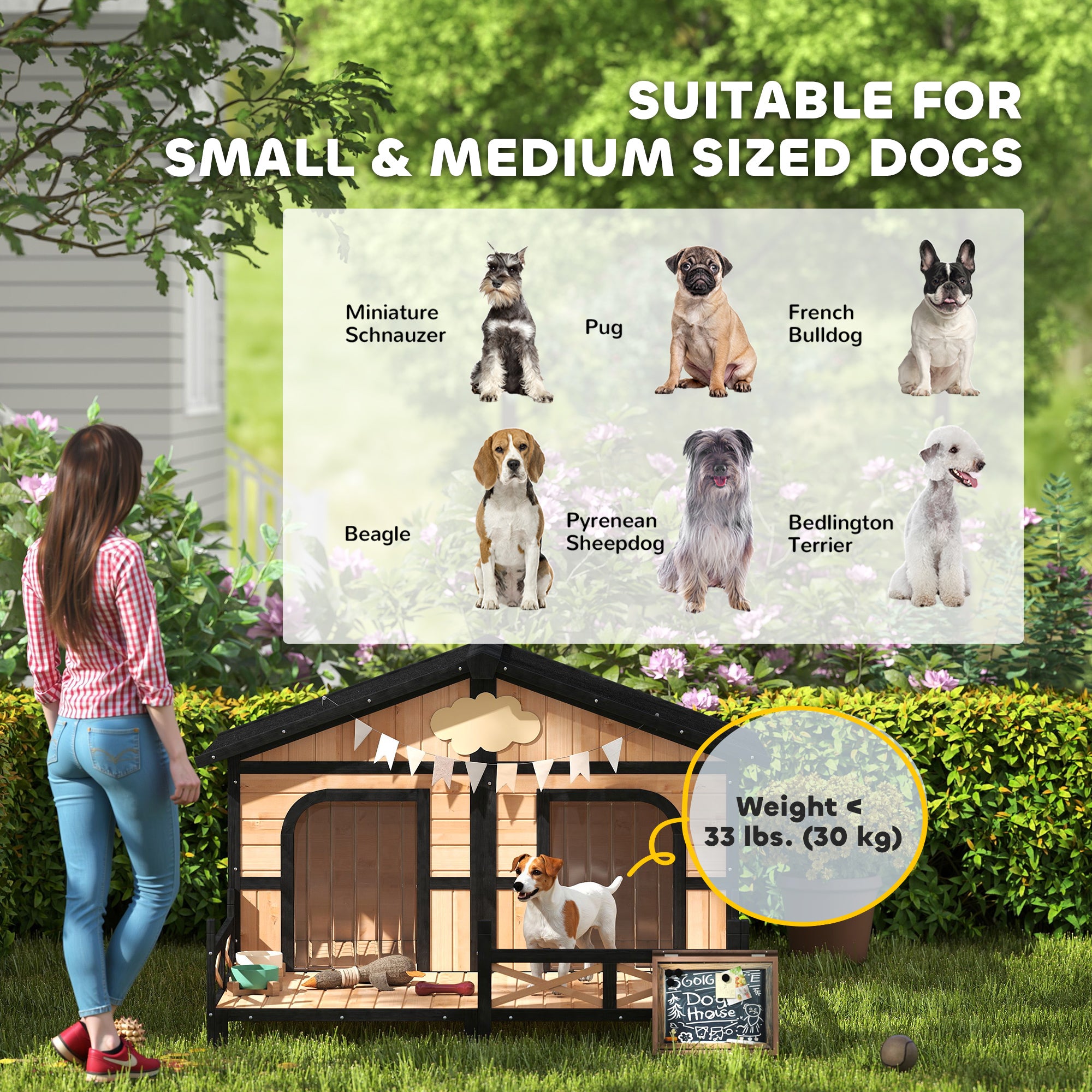 Dog House Outdoor, Wooden Dog Kennel Weatherproof with Porch, Openable Roof, Removable Bottom, Elevated Floor, Double Room for 2 Small to Medium Breeds, Natural