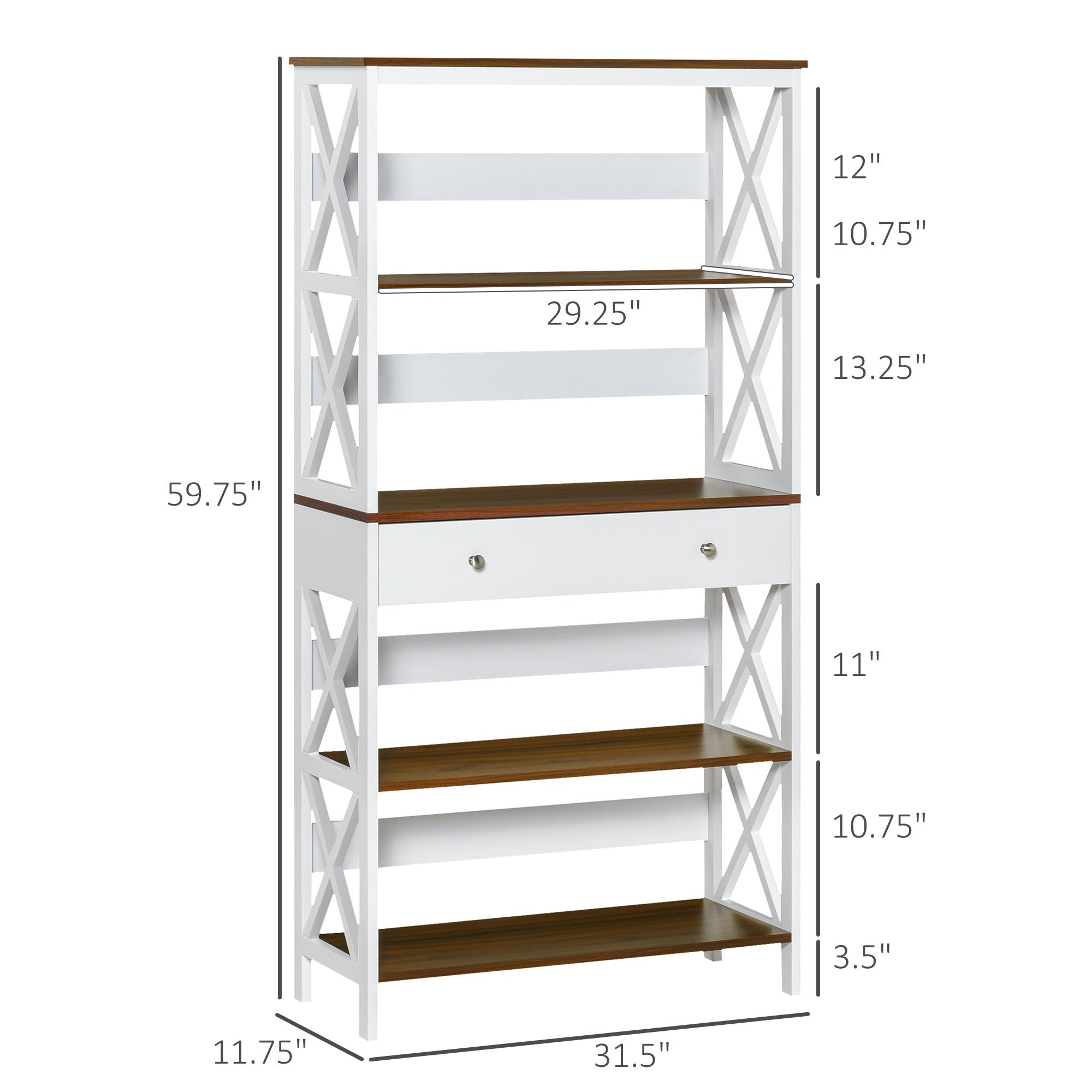 4-Tier Shelving Bookcase Storage Cupboard with Pull Out Drawer, and Wooden Frame with X Bar Stability, White