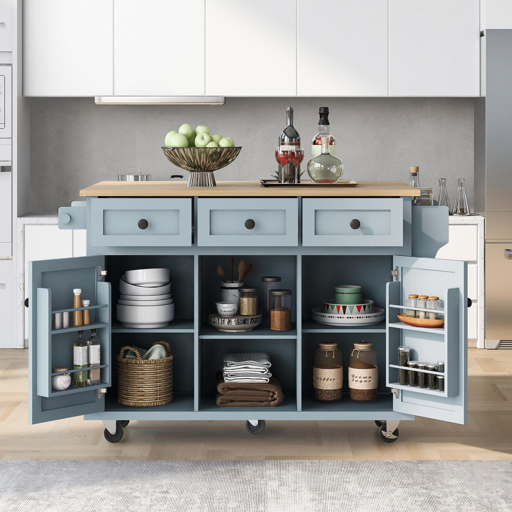 Kitchen Cart with Wood Drop-Leaf Countertop, Internal Storage Racks, Utility Island with Cabinets and Drawers, 53" L x 29.5" W x 37" H, Blue