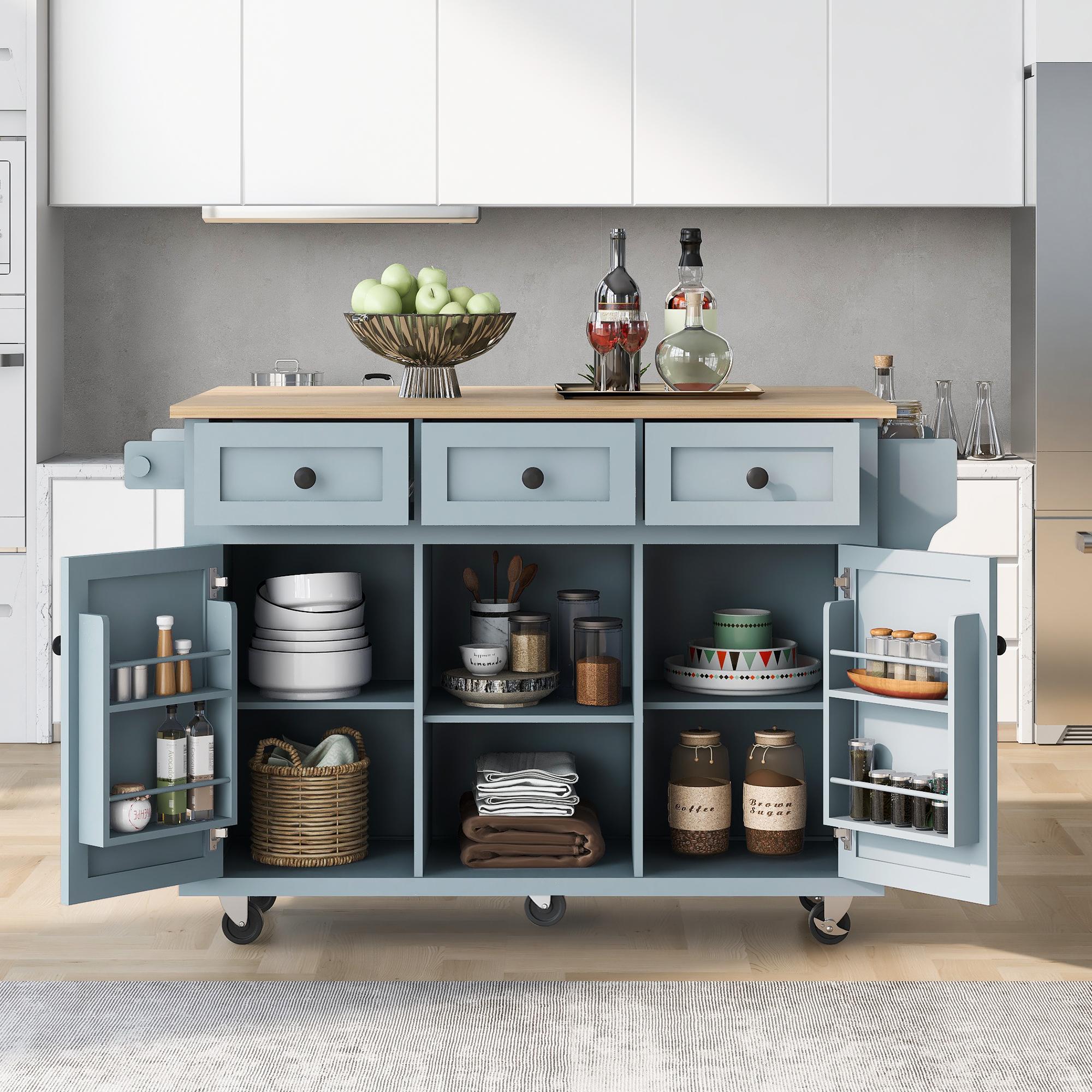 Kitchen Cart with Wood Drop-Leaf Countertop, Internal Storage Racks, Utility Island with Cabinets and Drawers, 53" L x 29.5" W x 37" H, Blue