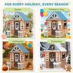 Wooden Kids Playhouse with Pet Door, Play Kitchen, Mailbox, Doorbell, Birdhouse, Fence and Windows for Pretend Play