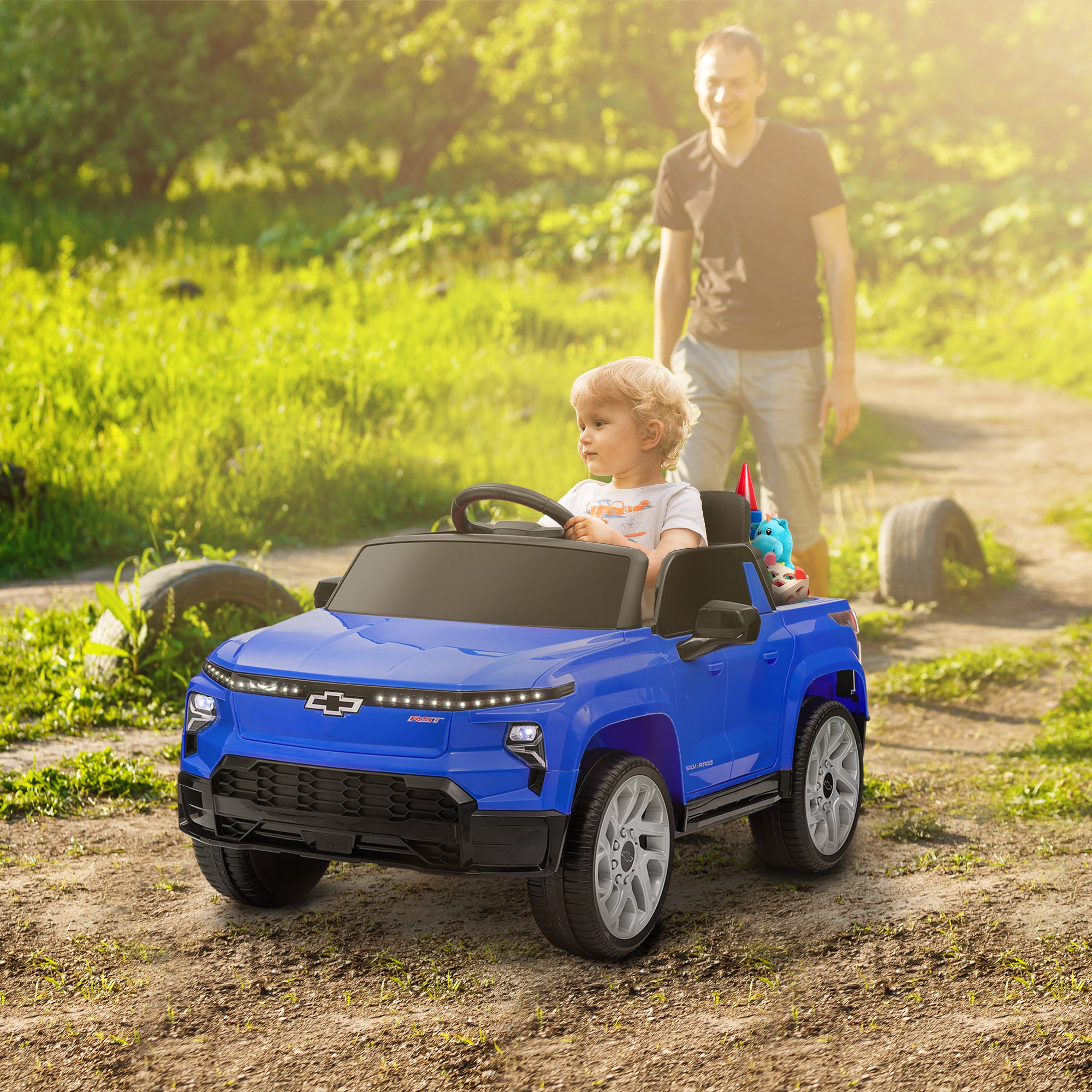 12V Silverado EV RST Licensed Kids Electric Car with Parent Remote Control, Spring Suspension, Blue