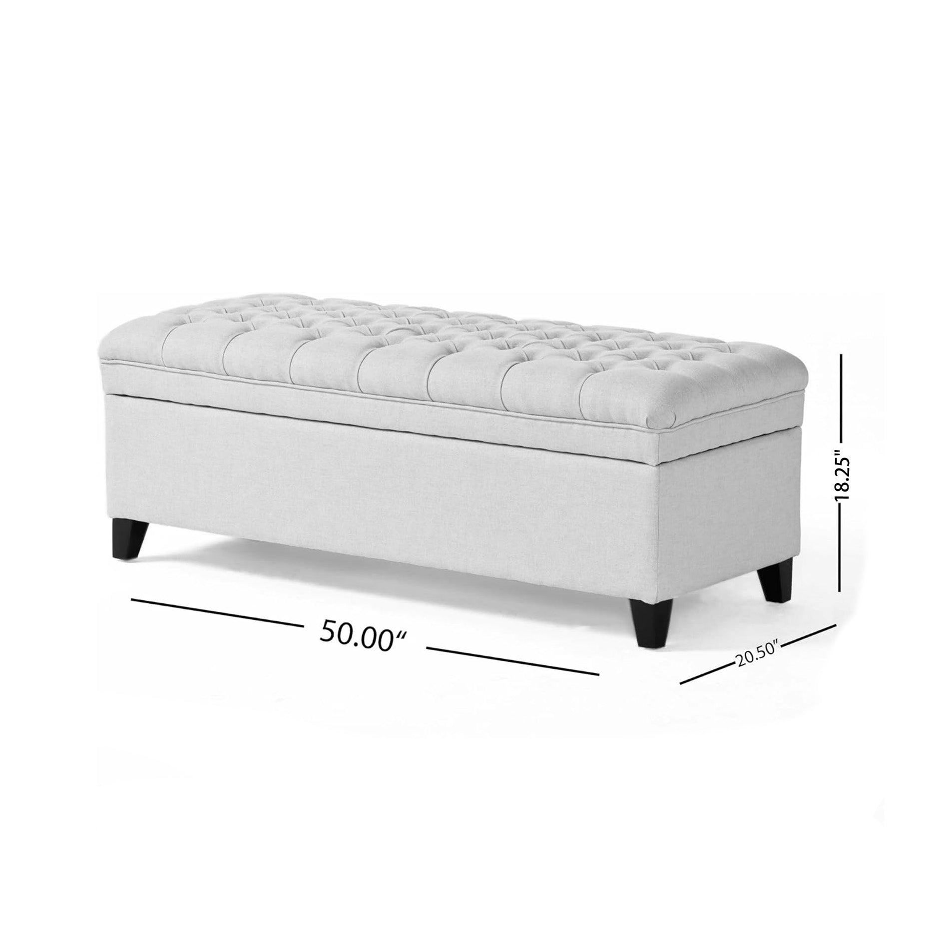 Storage Ottoman with Birch Legs, Hand-Tufted Fabric, 50" L x 20.5" W x 18.25" H, Spot Clean, Light Blue Gray