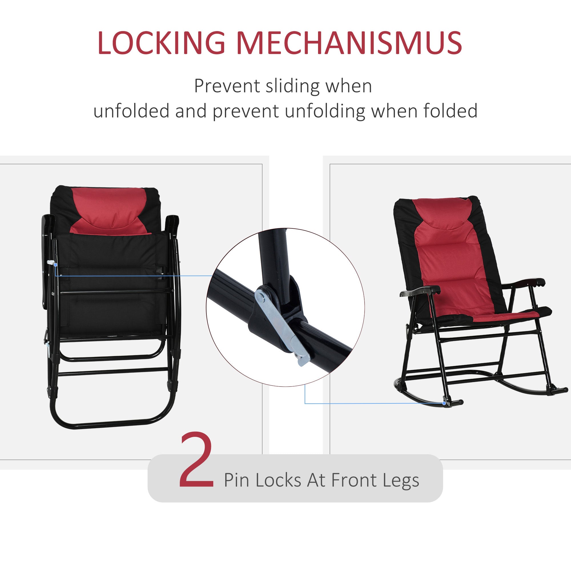 2 Piece Outdoor Patio Furniture Set with 2 Folding Padded Rocking Chairs, Bistro Style for Porch, Camping, Balcony, Red