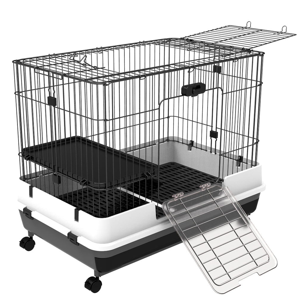 2-Level Small Animal Cage Rabbit Hutch with Wheels, Removable Tray, Platform and Ramp for Bunny, Chinchillas, Ferret, Black