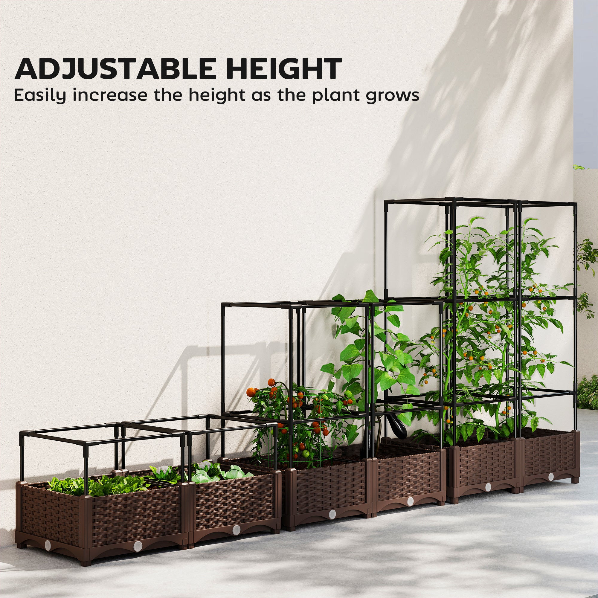 Raised Garden Bed with Trellis, 46.5" Tomato Cage with Crop Cage, Self Watering Planter Box with Drainage Holes, White