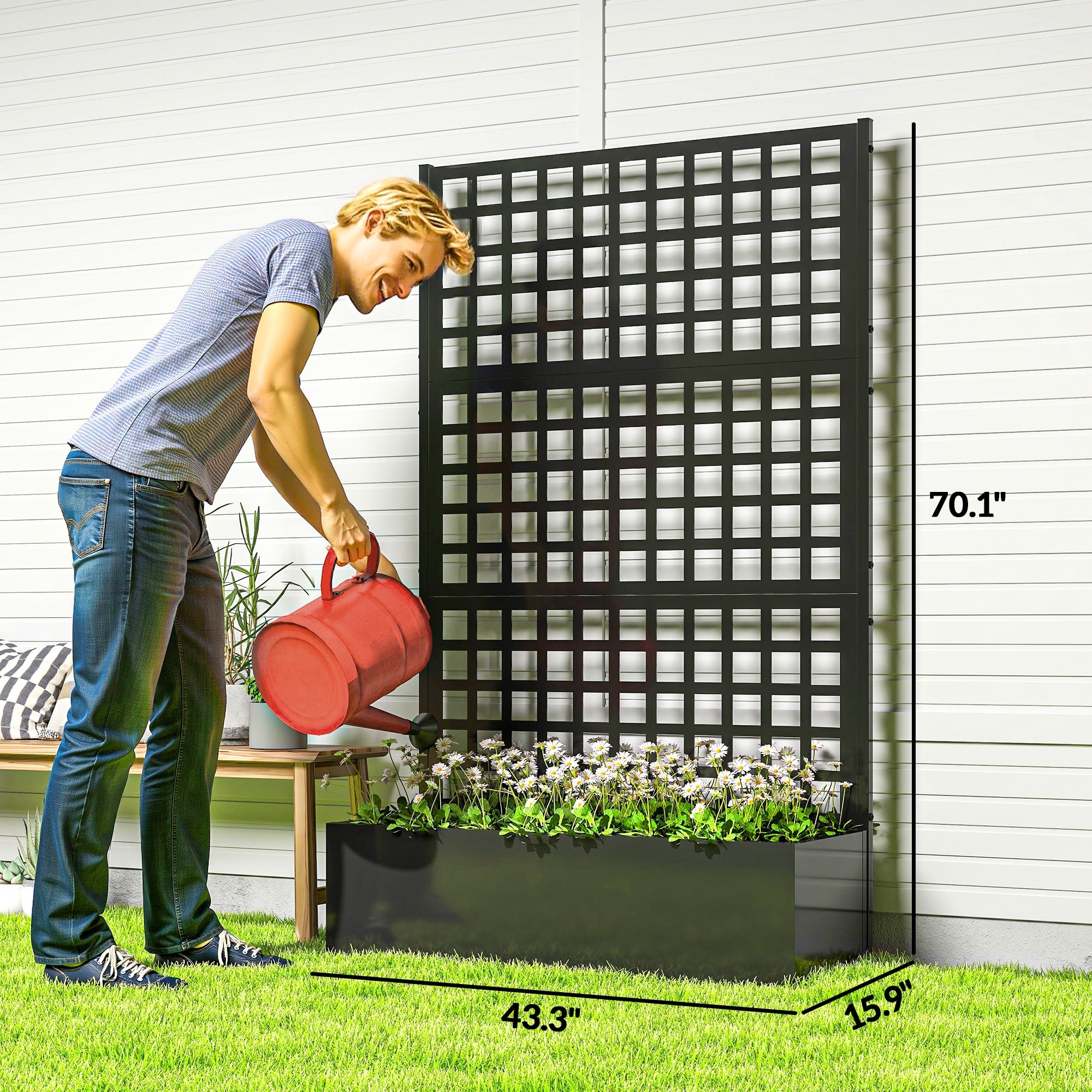 Galvanized Raised Garden Bed Planter Box with Trellis for Climbing Plants, Vegetable, Vines, 43" x 16" x 70", Black