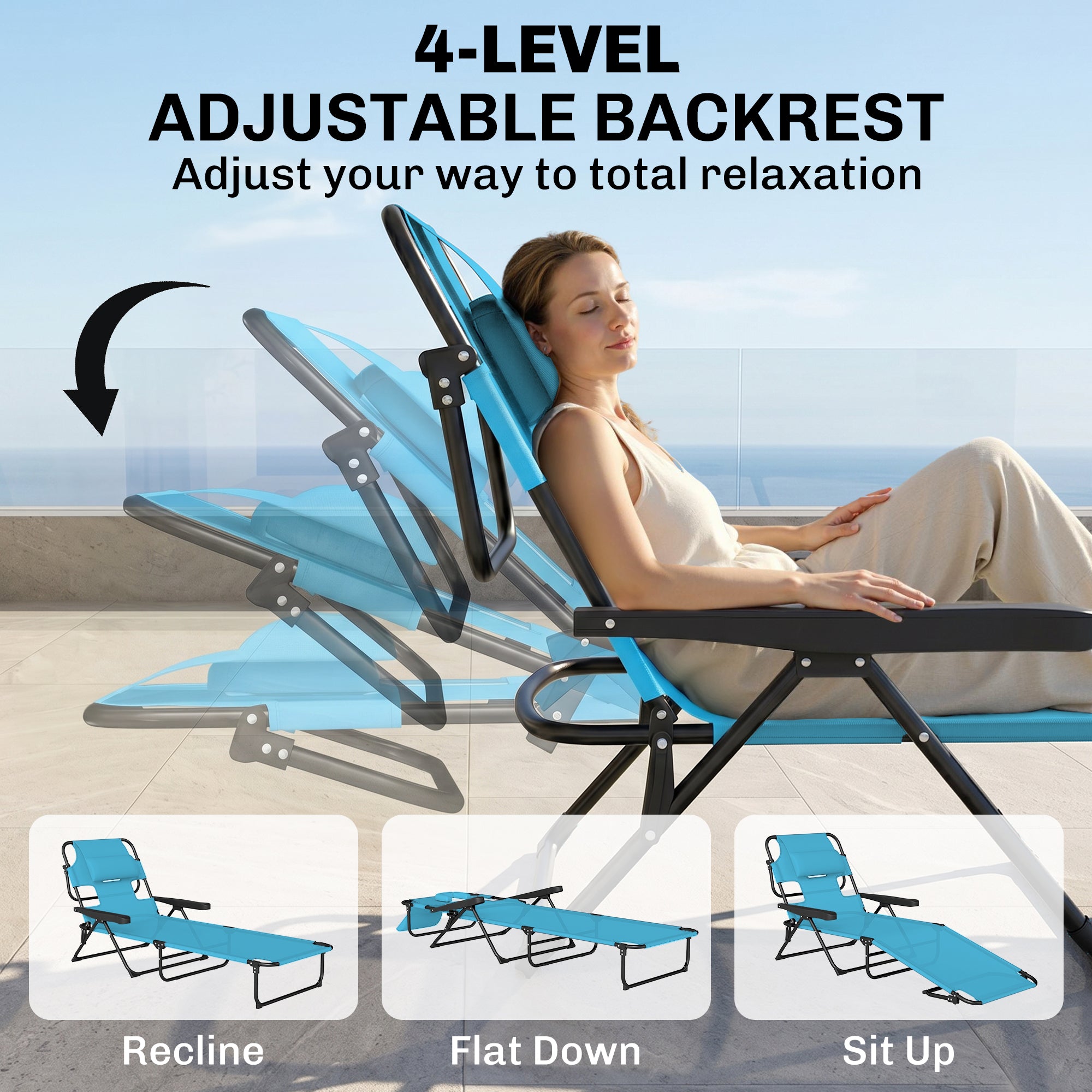 Folding Lounge Chair w/ Reclining Back, Light Blue