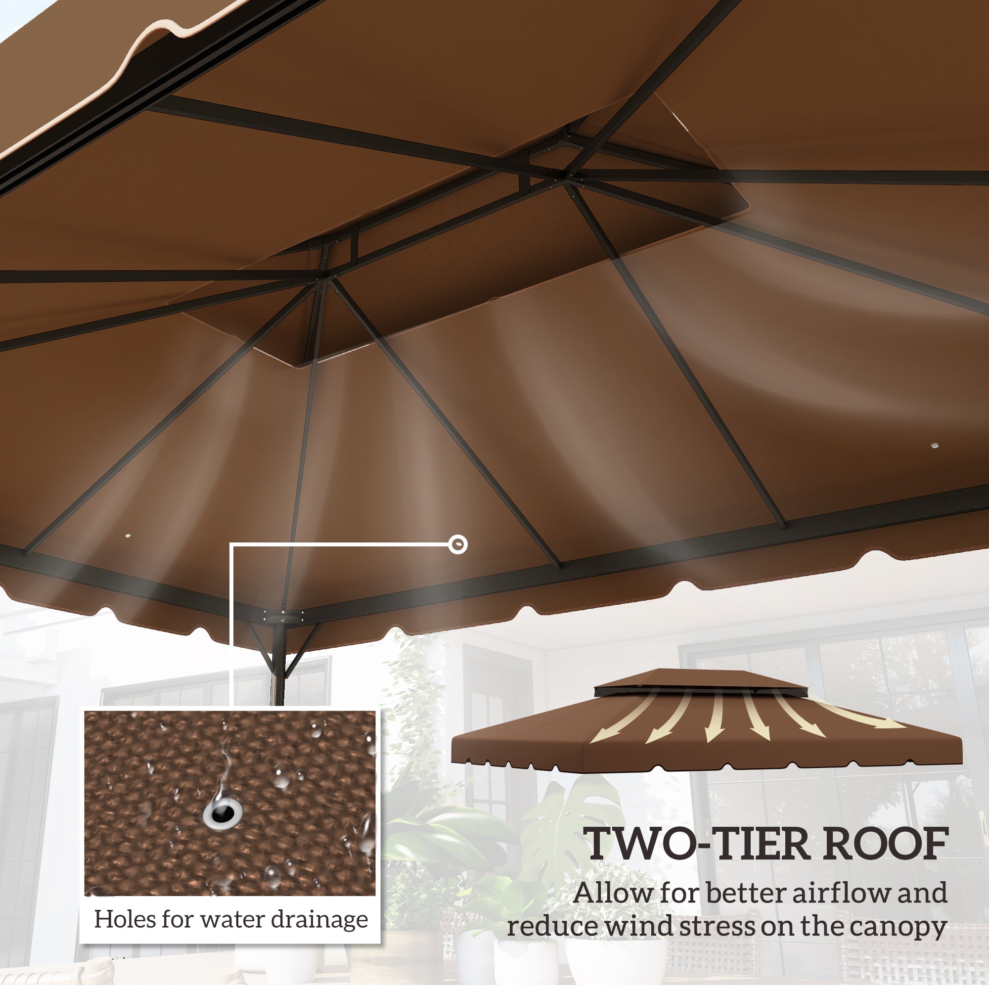 Model 84C-101 or 84C-144 13' x 10' Gazebo Replacement Canopy, Gazebo Top with Double Vented Roof (TOP ONLY), Coffee