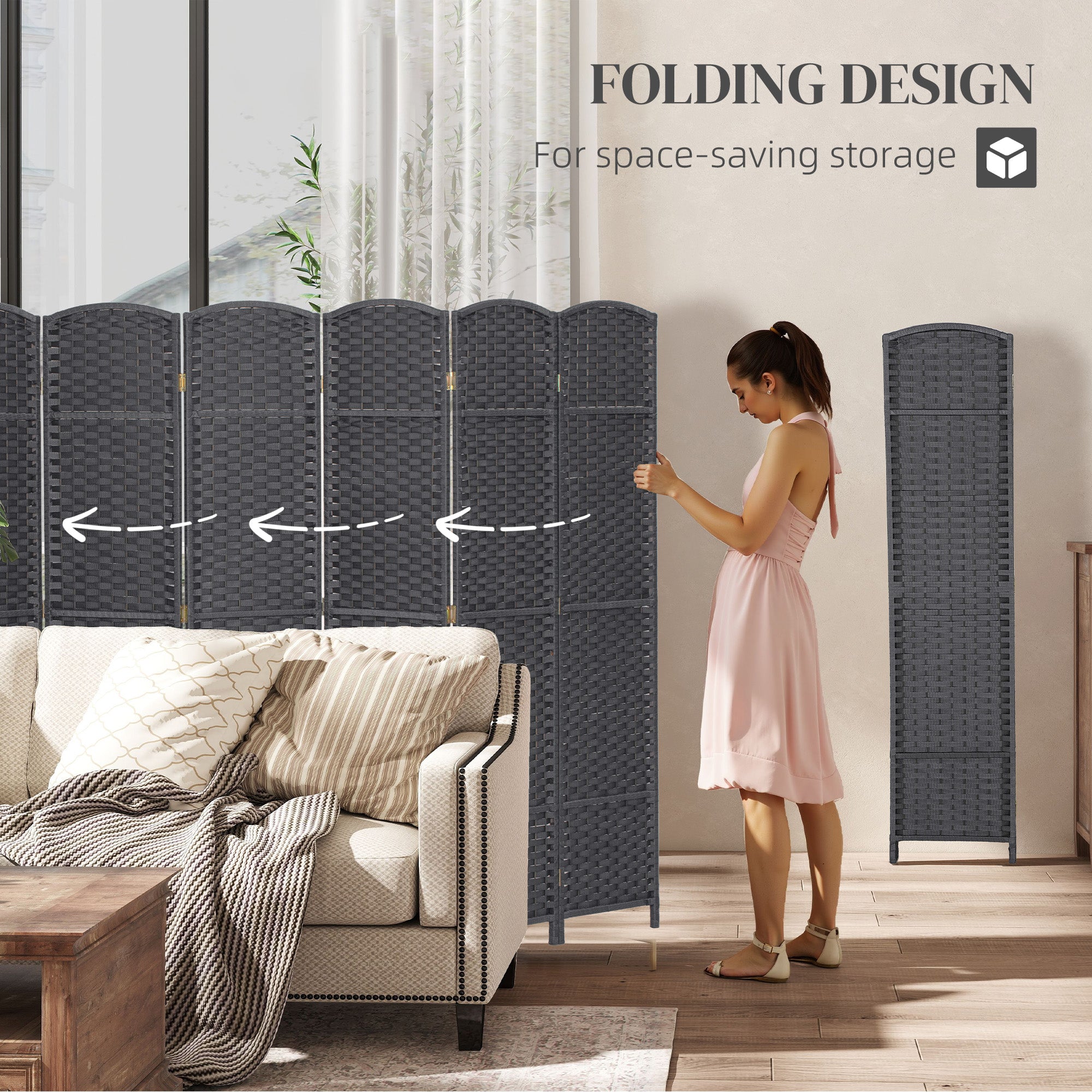 Folding Room Divider Screen 8 Panel 5.6' Tall Privacy Screen Freestanding Room Partition for Home Office, Charcoal Gray