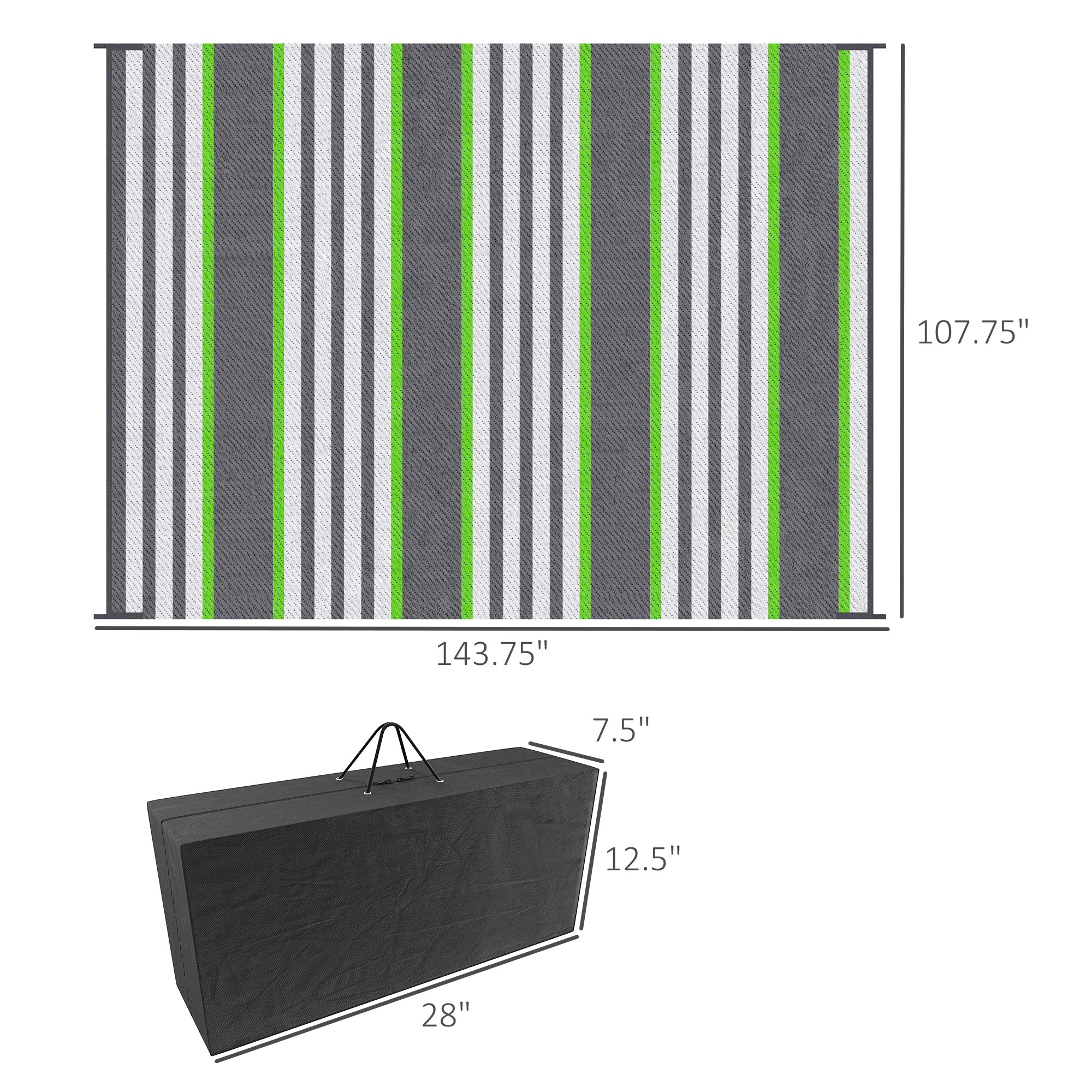 Reversible Outdoor Rug, 9' x 12' Waterproof Plastic Straw Floor Mat, Portable RV Camping Carpet, Large Floor Mat for Backyard, Deck, Picnic, Beach, Green & Gray Stripes