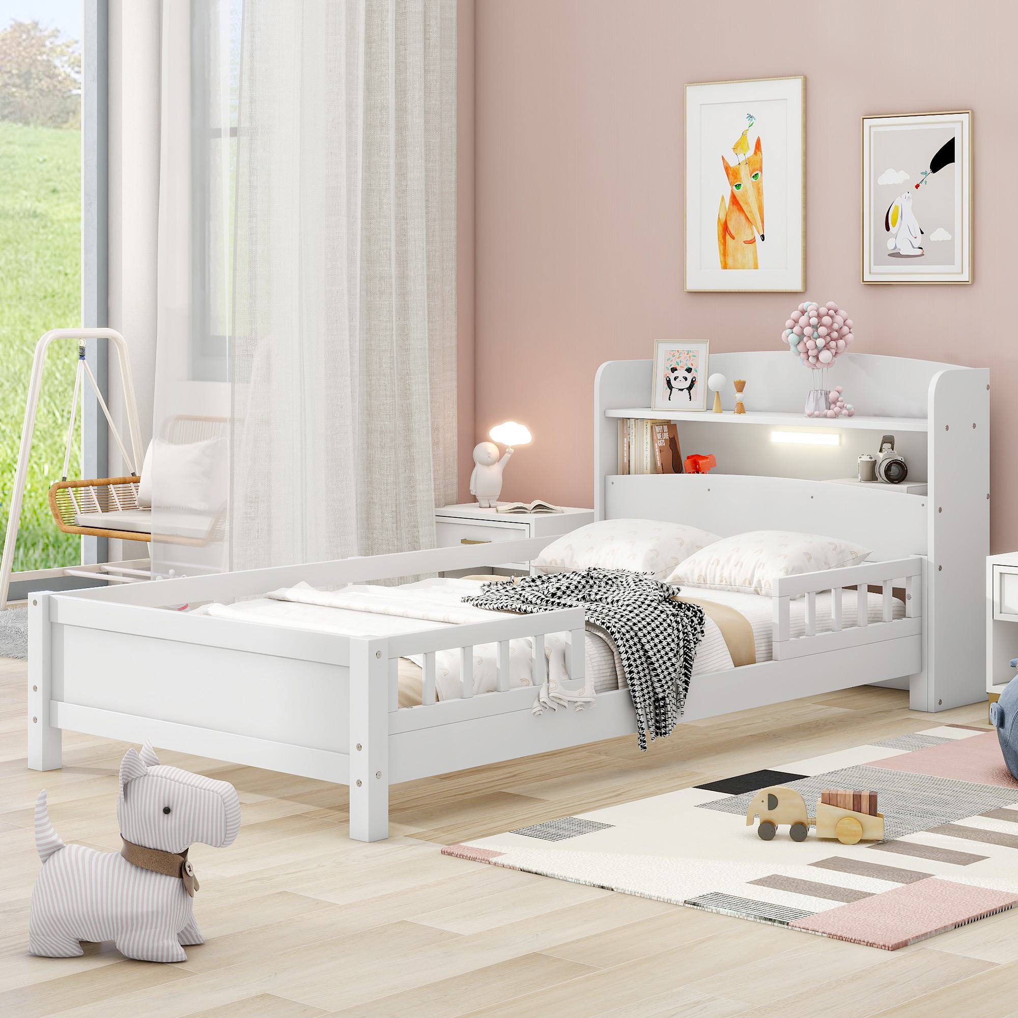 Wood Twin Size Platform Bed with Built-in LED Light, Storage Headboard, Guardrail, and Sturdy Construction, 87" L x 43" W x 31" H, White