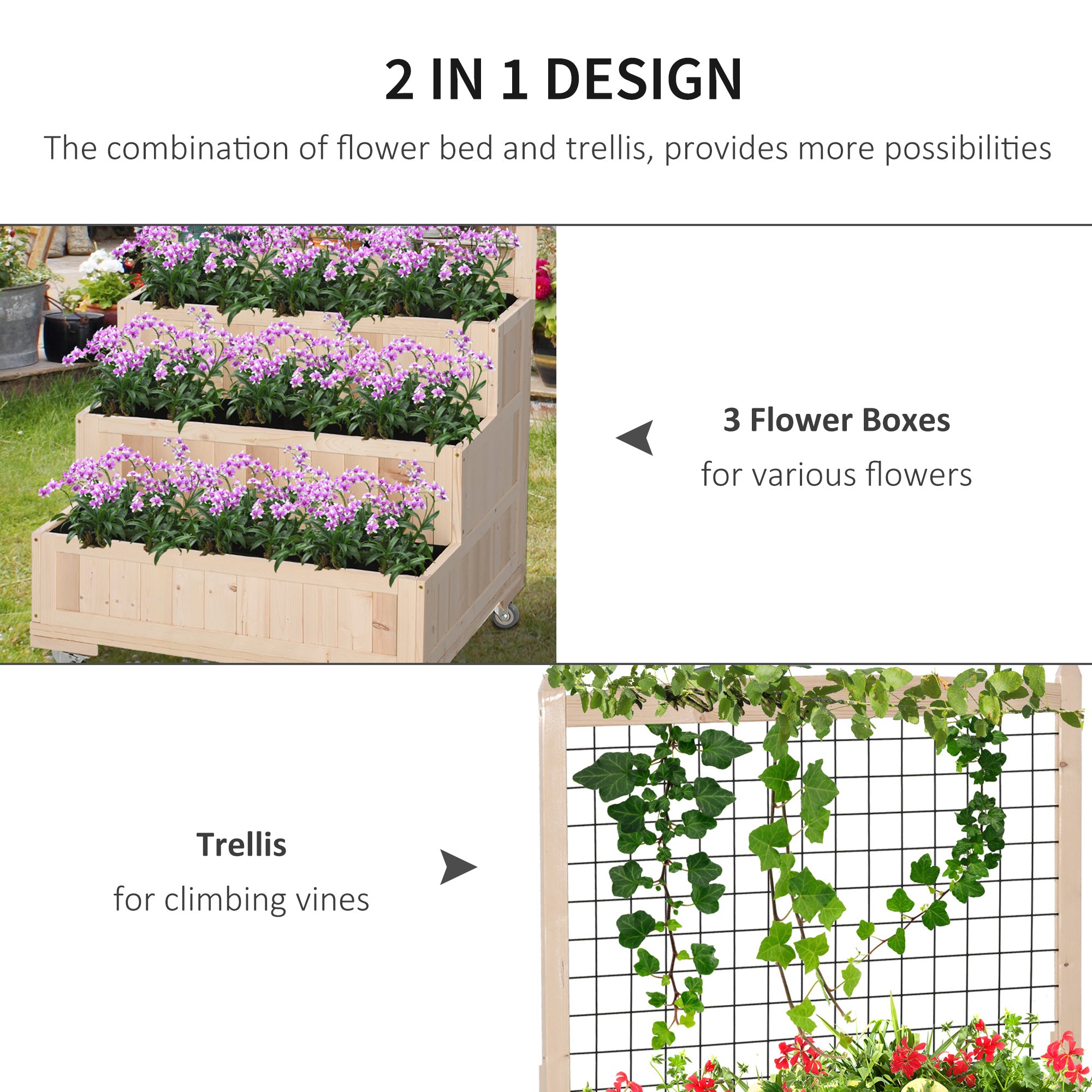 3-Tiers Raised Garden Bed with Trellis, 53" H Vertical Planter Box with Wheels & Back Storage Area, for Flowers, Vegetables, Herbs, Natural
