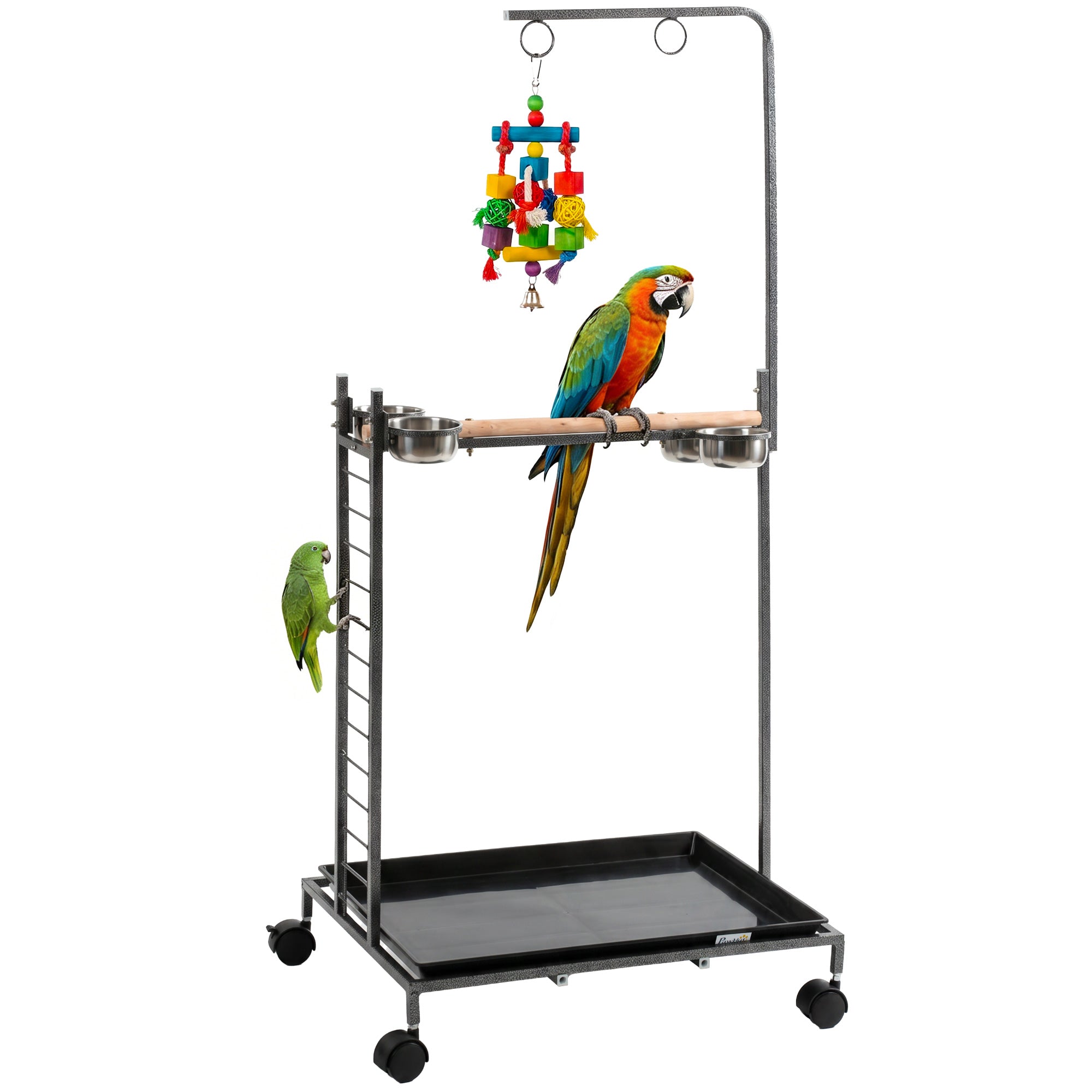 Bird Stand with Wheels Parrot Stand with Slide-out Tray Stainless Steel Bowls for Indoor Outdoor Dark Gray