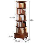 6-Tier Rotating Bookshelf with Wheels, 360° Display Corner Bookcase, Wood Organizer for Study Room, 18″ L x 18″ W x 69″ H, Walnut Brown