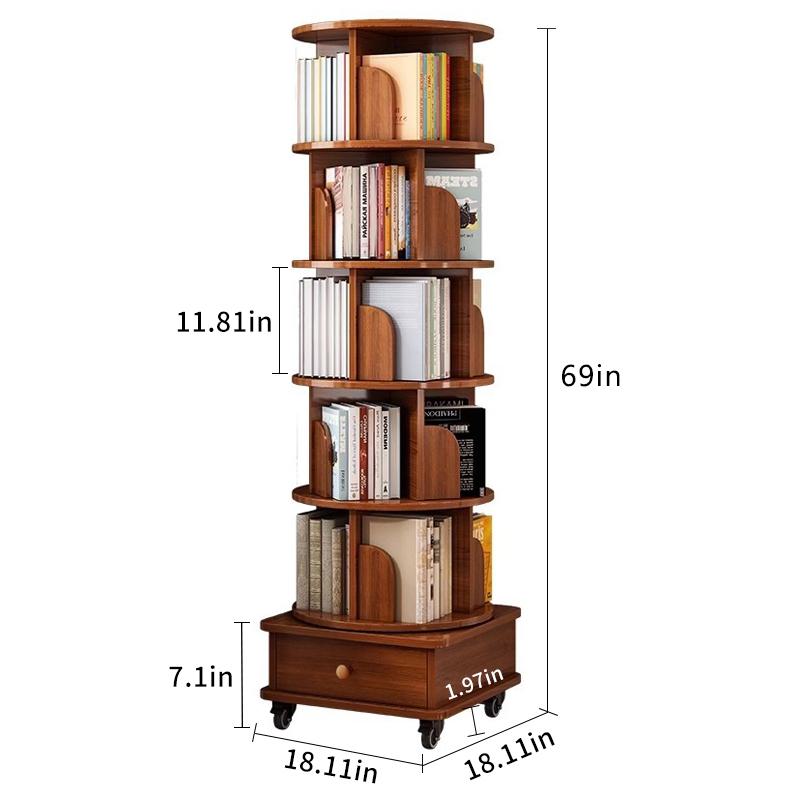 6-Tier Rotating Bookshelf with Wheels, 360° Display Corner Bookcase, Wood Organizer for Study Room, 18″ L x 18″ W x 69″ H, Walnut Brown