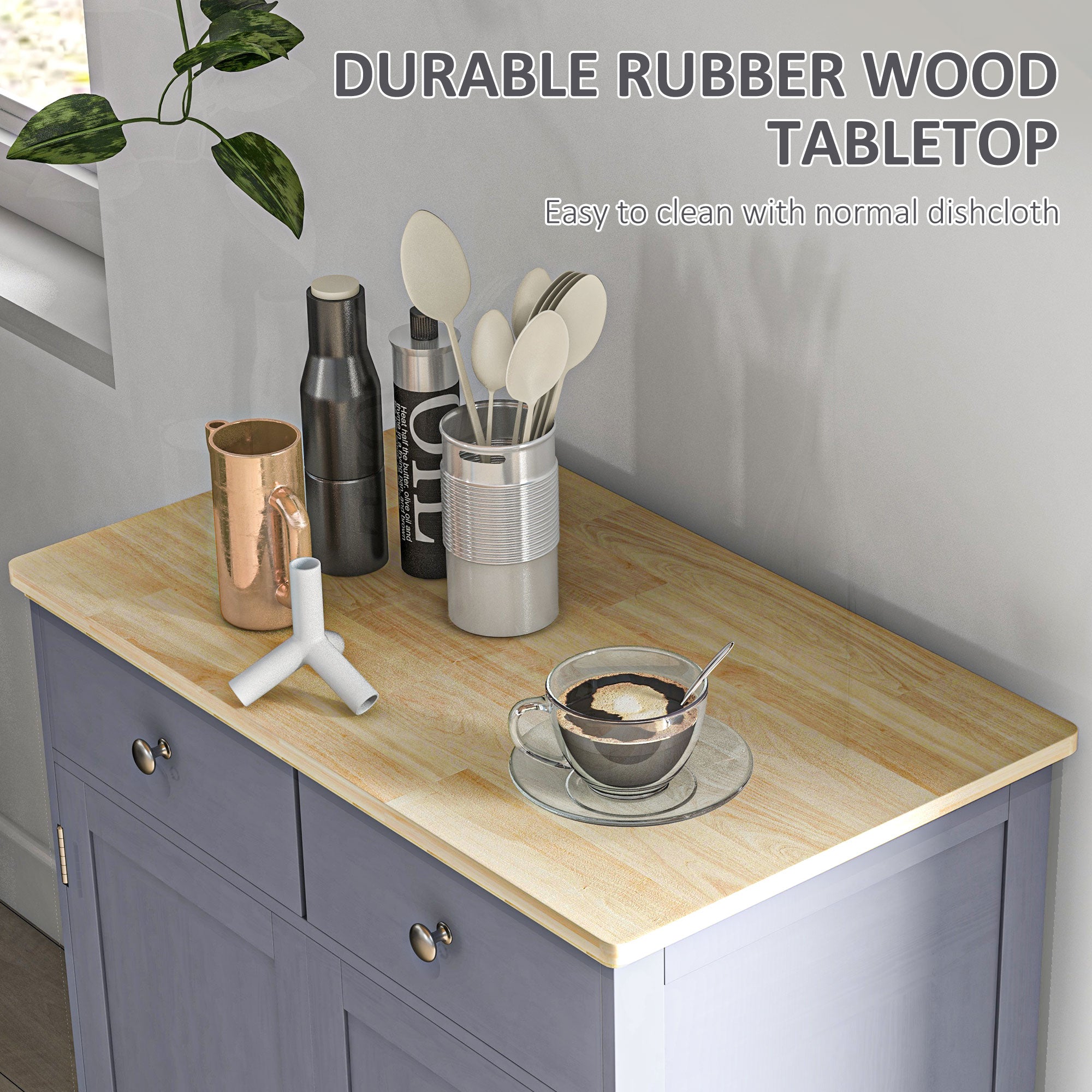 Kitchen Storage Cabinet, Sideboard Floor Cupboard with Solid Wood Top, Adjustable Shelf, and 2 Drawers, Gray