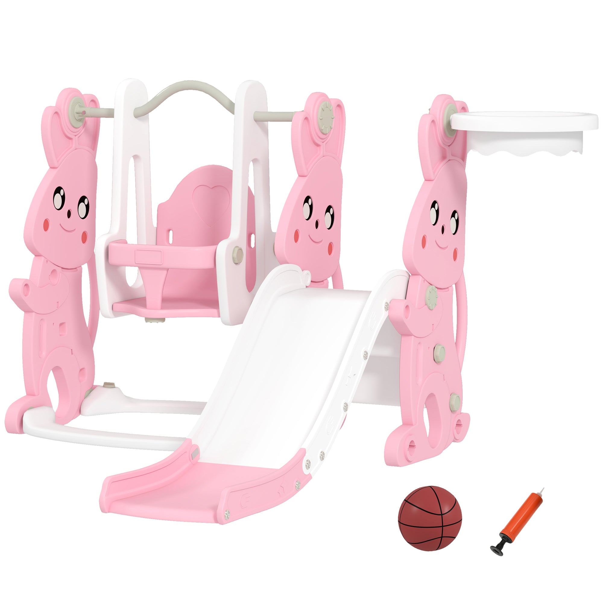 4 in 1 Toddler Slide and Swing Set with Climber, Basketball Hoop, Rabbit Themed Kids Playset for Ages 1.5-4, Pink