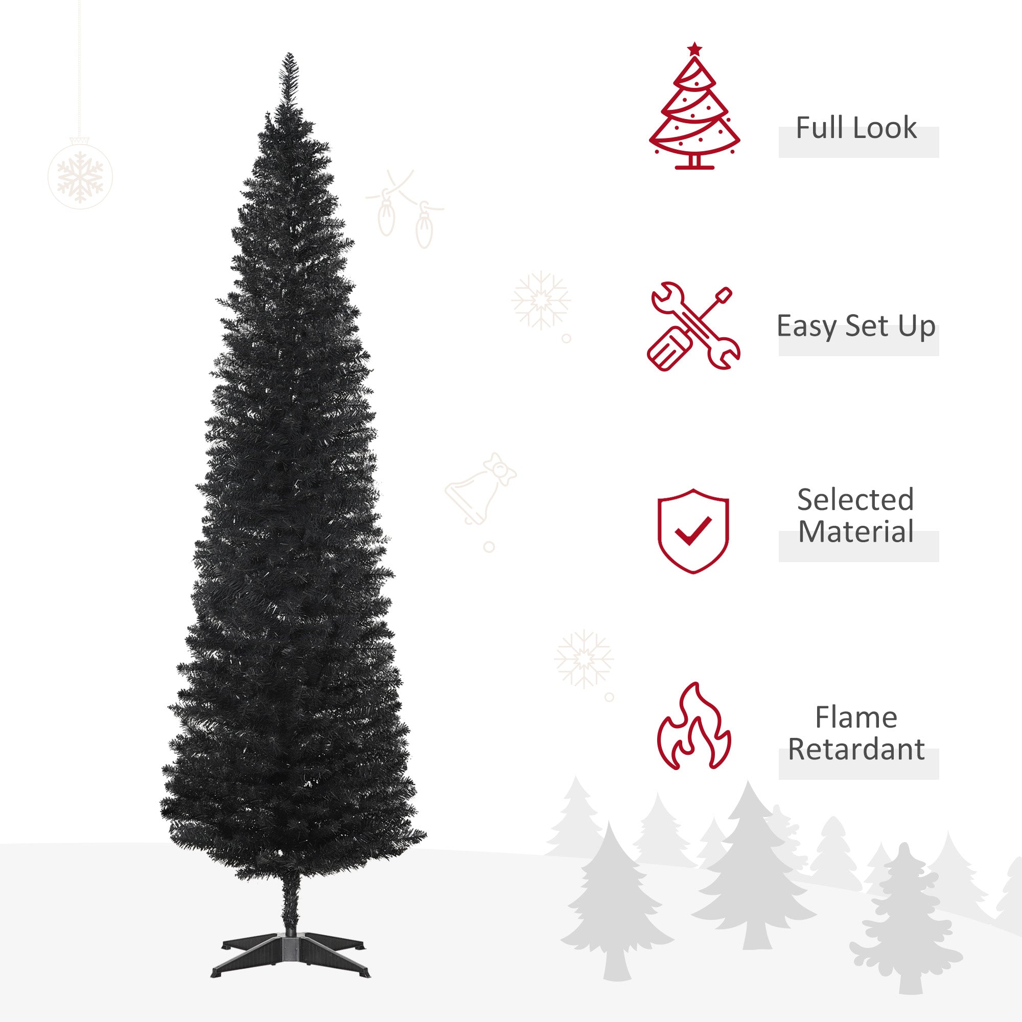 7ft Unlit Pencil Artificial Christmas Tree with Realistic Branches and 499 Tips, Plastic Base, Black