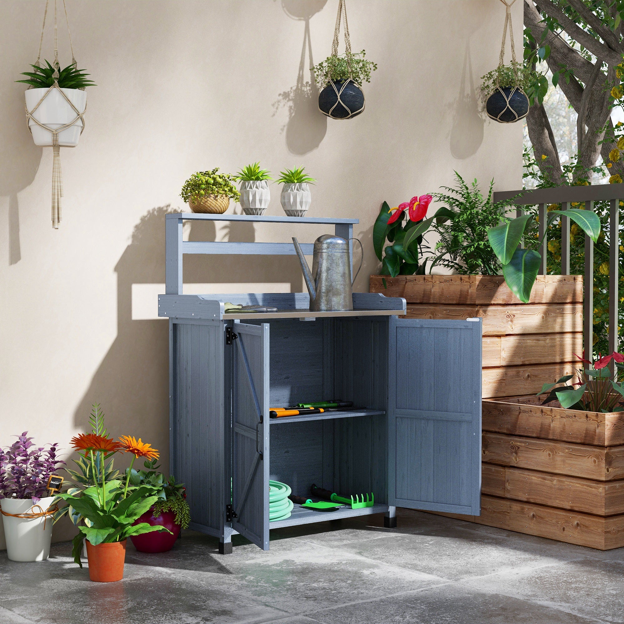 Outdoor Wooden Potting Bench with Storage Cabinet, Shelves, Galvanized Plated Tabletop for Backyard, Balcony, Gray