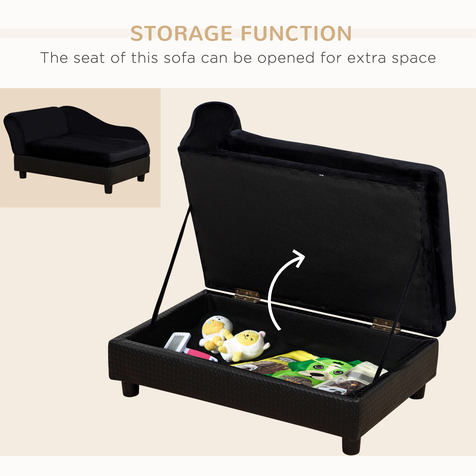 Pet Sofa Bed Couch with Storage, Pet Sofa for Cats and Small Dogs, Black