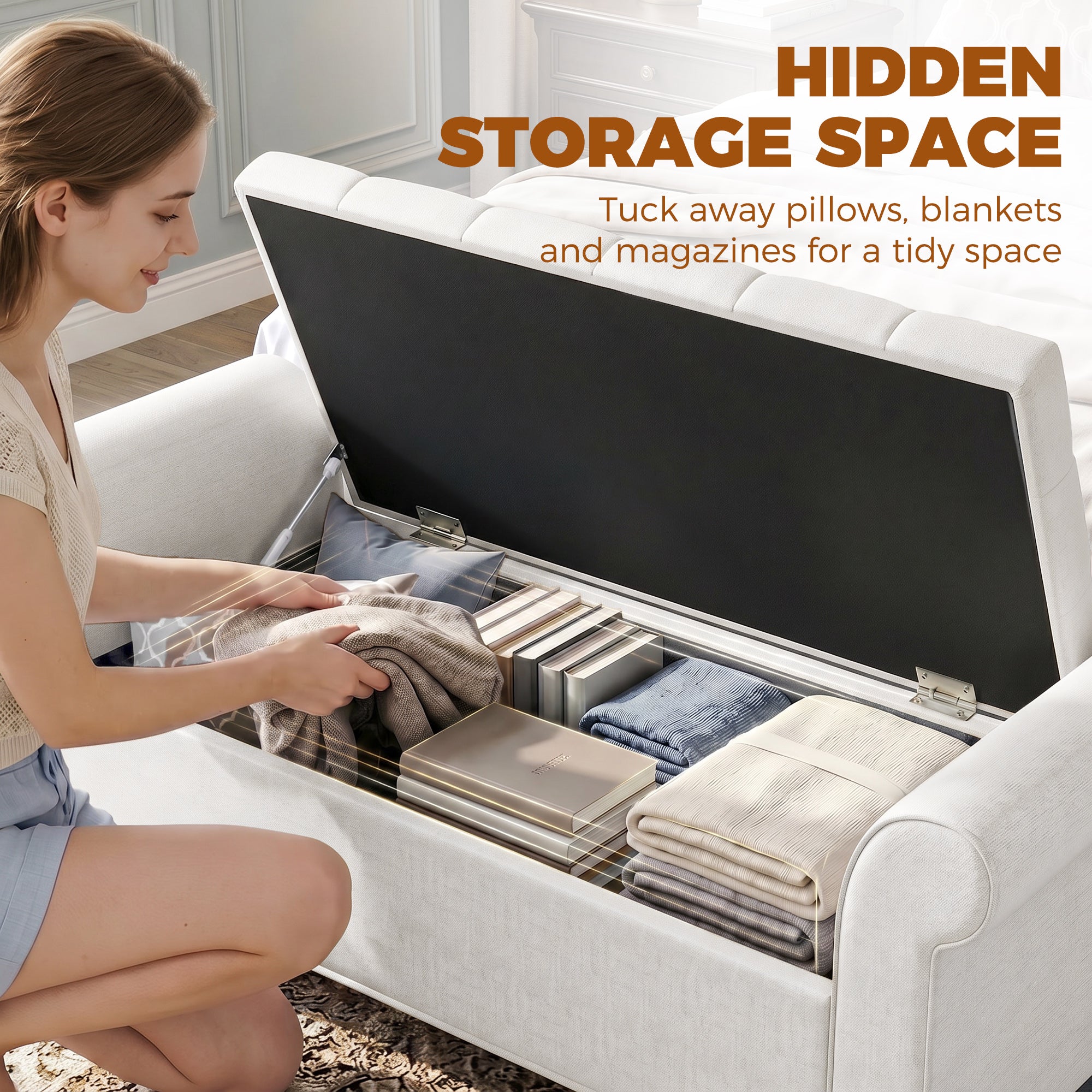 47" Storage Ottoman Bench, Tufted End of Bed Bench with Rolled Arms, Safety Hinge, Wood Legs for Bedroom, Cream White