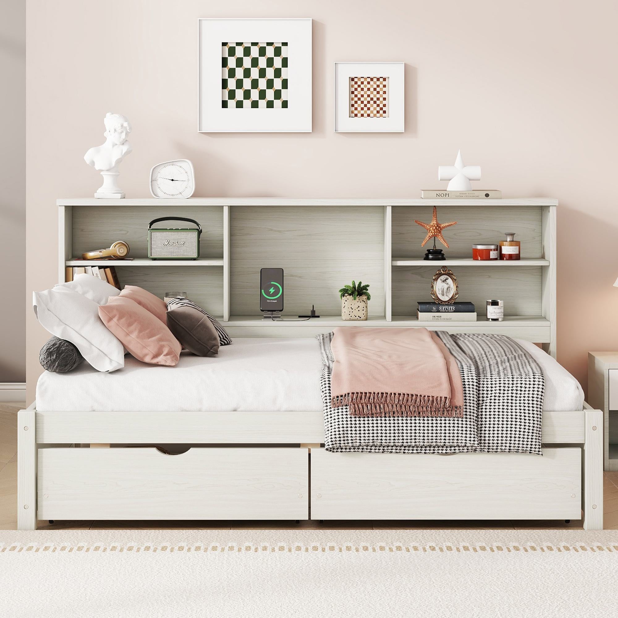Twin Size Bed Frame with Side Bookshelves, Built-in USB Port, Type C Ports, Two Drawers for Extra Storage, 81" L x 50" W x 41" H, White