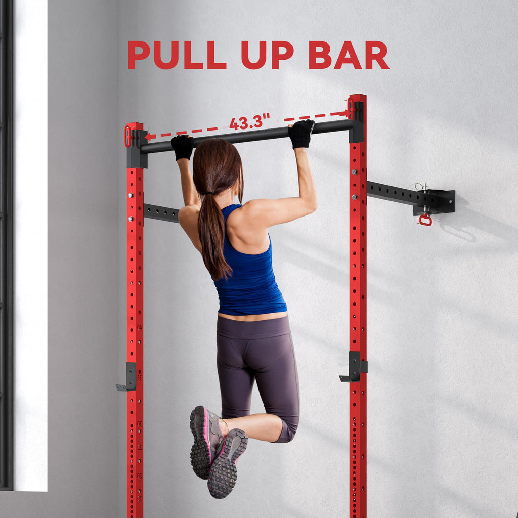 Folding Squat Rack with Pull Up Bar, Wall Mounted and Adjustable, 1000 Pounds Capacity Power Rack, Red