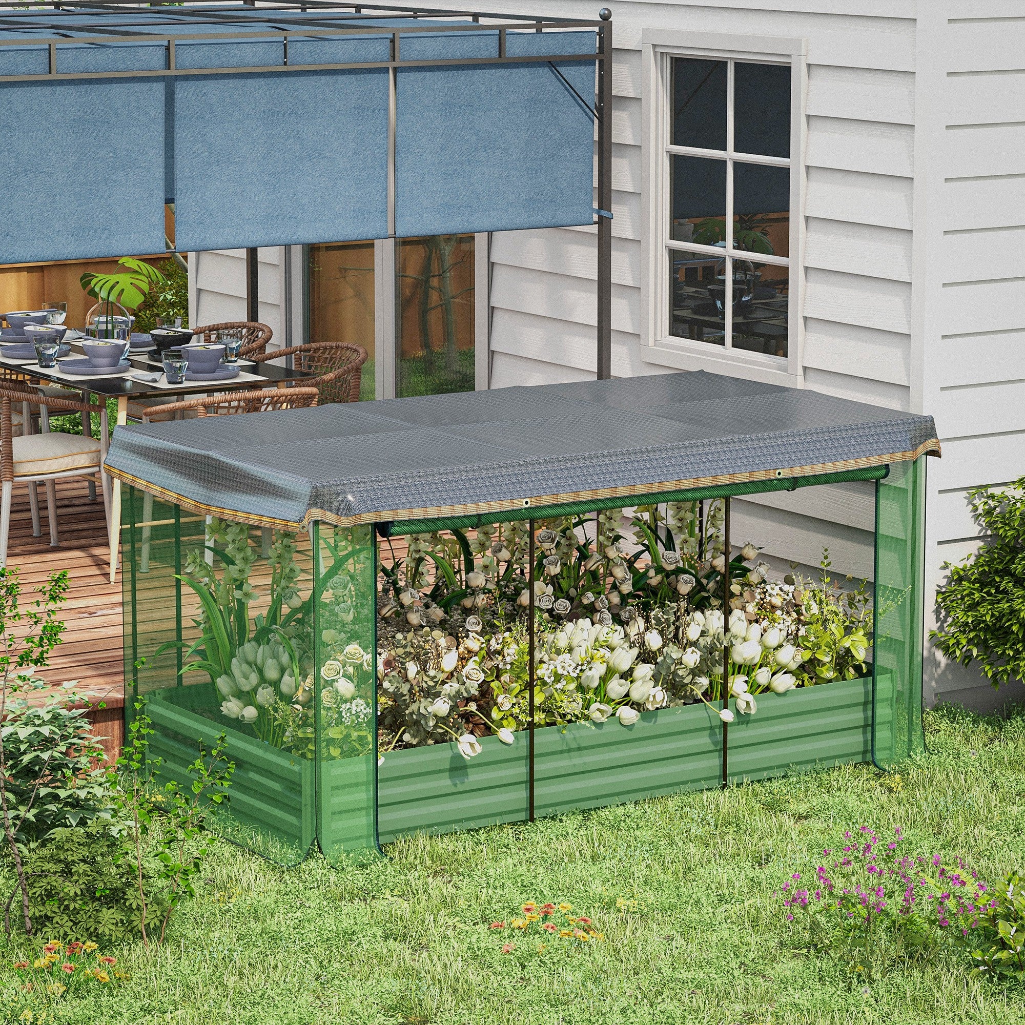Galvanized Steel Planter Box with Crop Cage and Shade Cloth, Raised Garden Bed for Flowers, Veggies and Herbs, Green