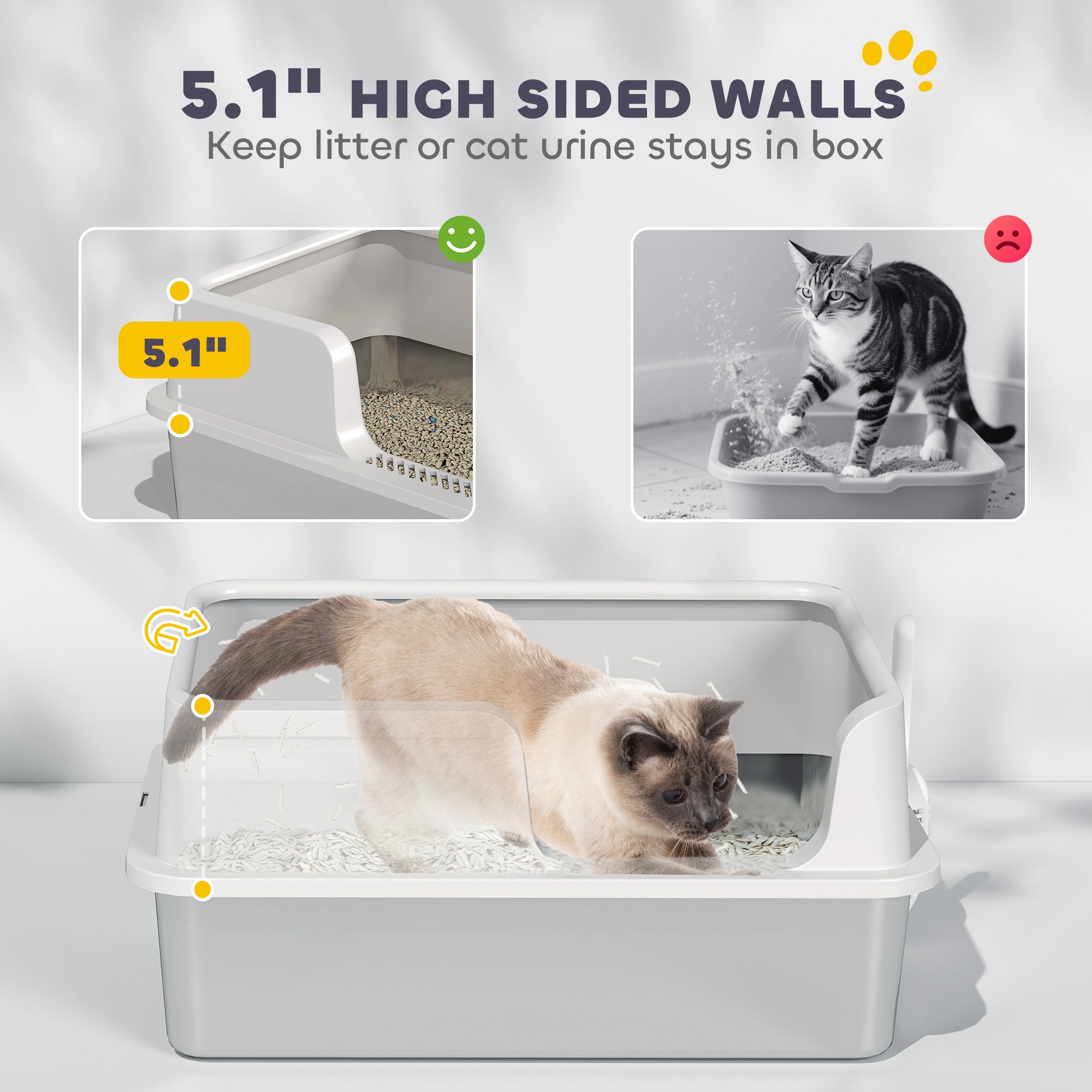 Stainless Steel Litter Box with High Side, Scoop, Easy Cleaning & Anti-Urine Leakage, for Big Cats, Light Gray