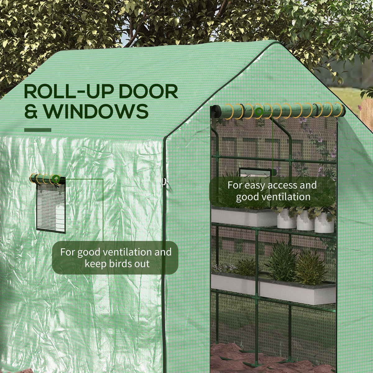 4.6' x 4.7' Portable Greenhouse, Water/UV Resistant Walk-In Small Outdoor Green House with 2 Tier U-Shaped Flower Rack Shelves, Roll Up Door & Windows, Green