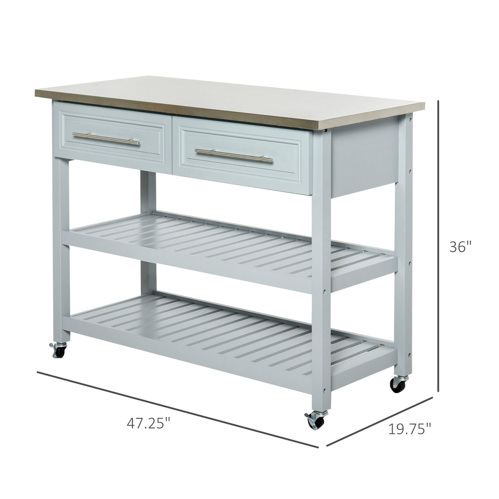 Kitchen Island with Stainless Steel Top, Traditional Kitchen Island with Storage, Butcher Block Cart 2-Tier Open Shelves, Drawers, Light Gray
