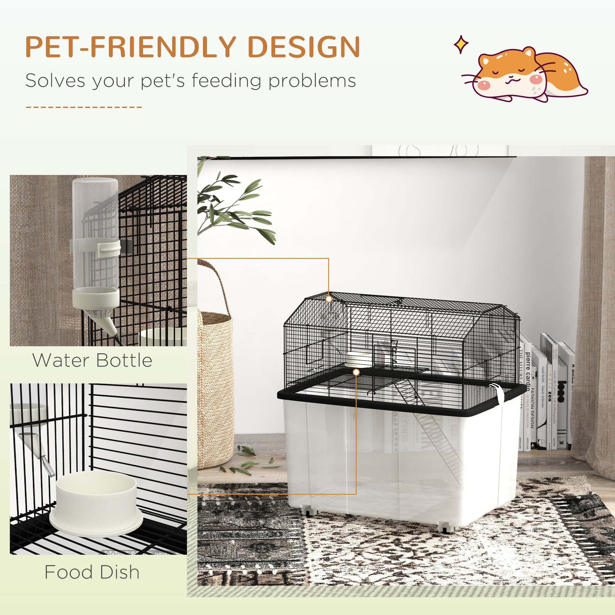 22" 2-Tier Hamster Cage with Extra-Deep 14" Base, Small Animal Cage with Ramp, Water Bottle, Food Dish, Wheels, Black