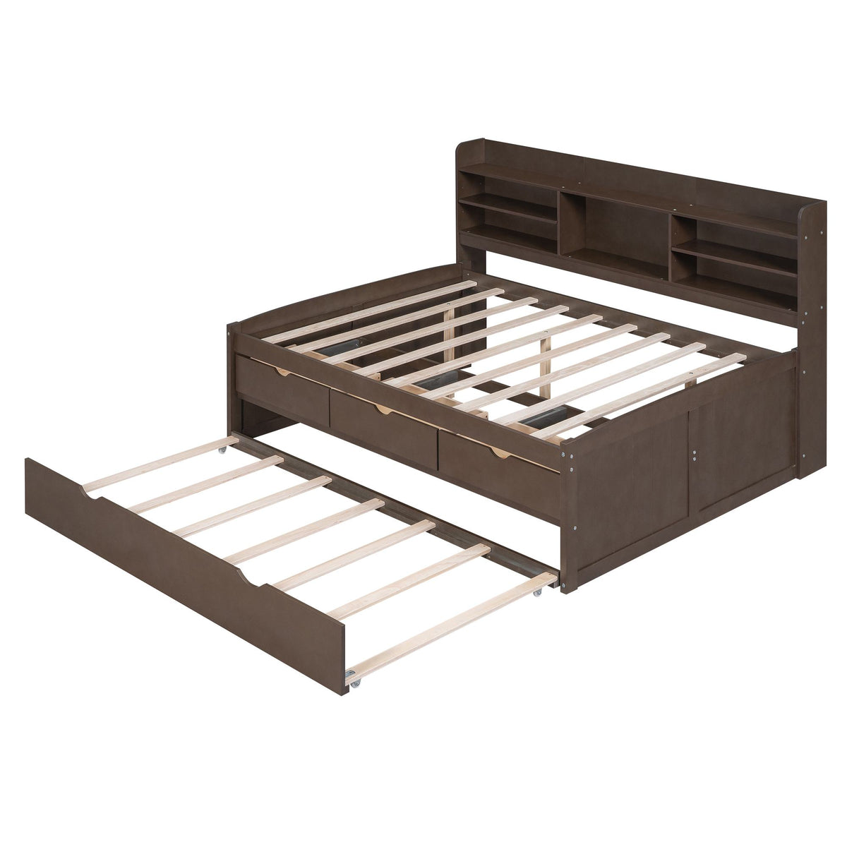 Classic Style Full Size Wooden Captain Bed with Built-in Bookshelves, 3 Storage Drawers, Trundle, 79" L x 104.5" W x 47" H, Antique Gray