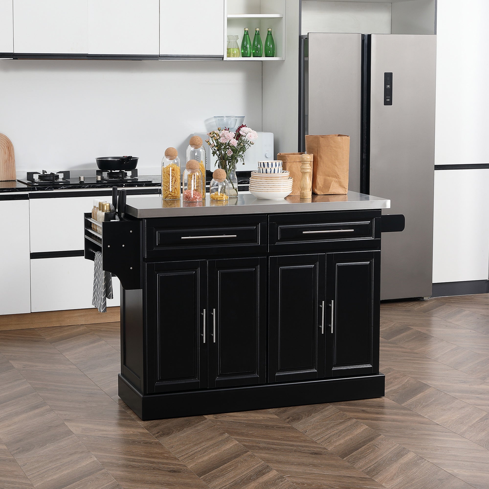 Rolling Kitchen Island Cart with 47" Stainless Steel Top, Portable Island Table for Kitchen with Wheels, Adjustable Shelves, 2 Drawers, Spice, Knife and Towel Rack, Black