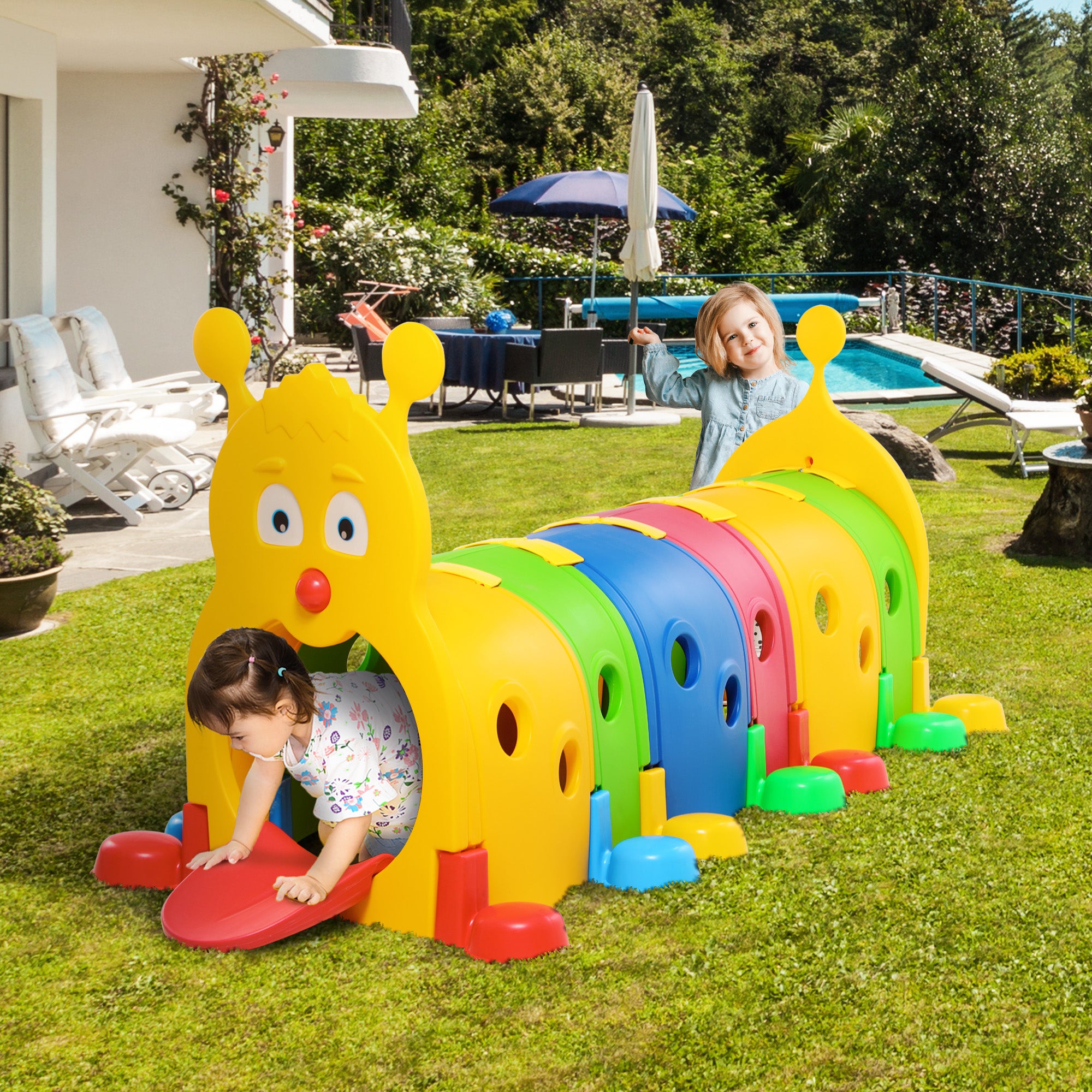 Caterpillar Play Tunnel, Toddler Tunnel for Kids Crawl and Climb Through, Kids' Play Structure Indoor Outdoor, 6 Sections, Multicolored