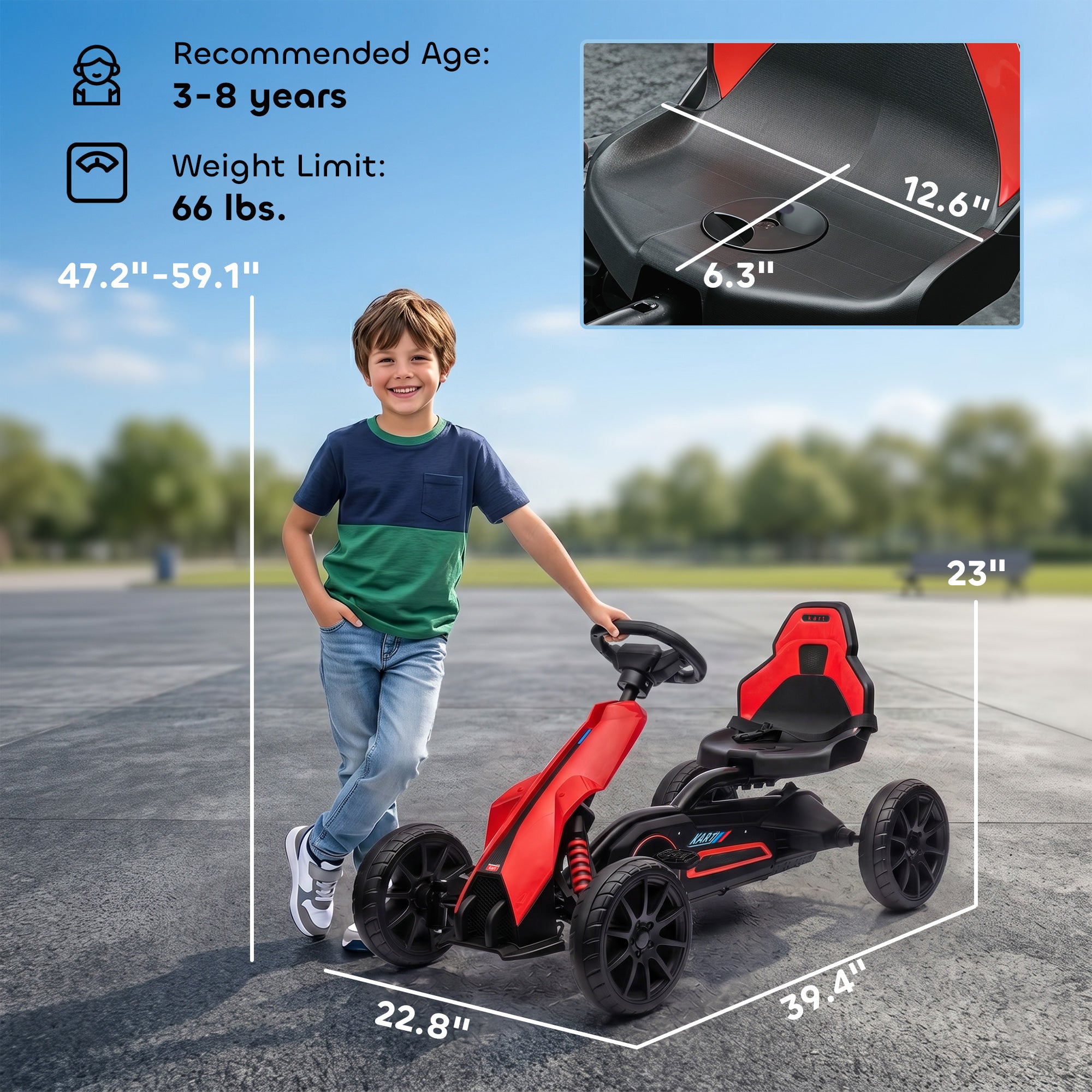 Kids Pedal Go Kart W/ Adjustable Seat, Swing Axle, Red