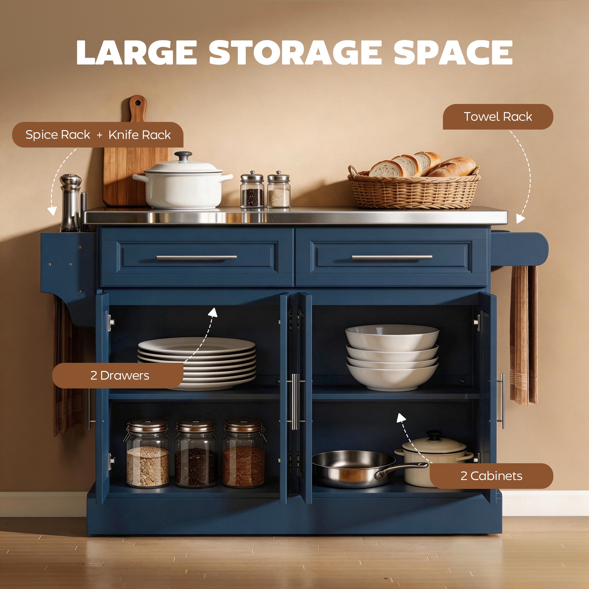 Rolling Kitchen Island with Stainless Steel Top, 2 Drawers, Spice, Knife and Towel Rack and Cabinets, Navy Blue