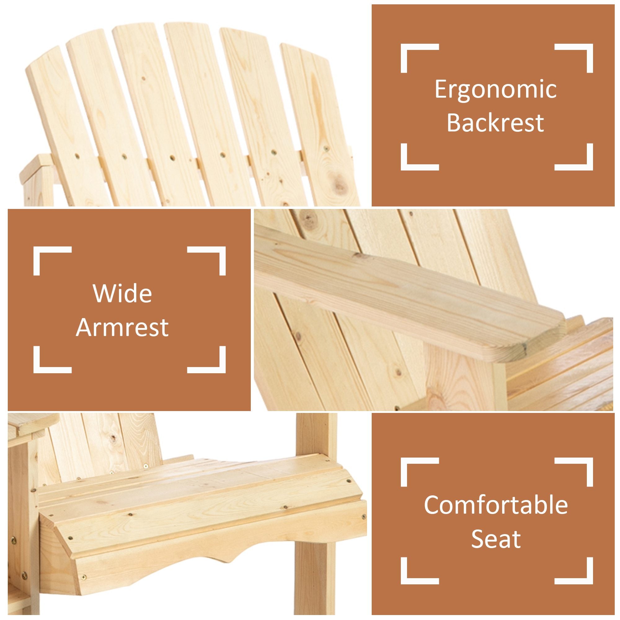 Fire Pit Seating, 2 Wooden Adirondack Chairs with Outdoor Table & Umbrella Hole, Wood 2 Person Adirondack Bench, Natural