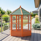 69" Wooden Hexagonal Outdoor Aviary Flight Bird Cage With Covered Roof, Brown