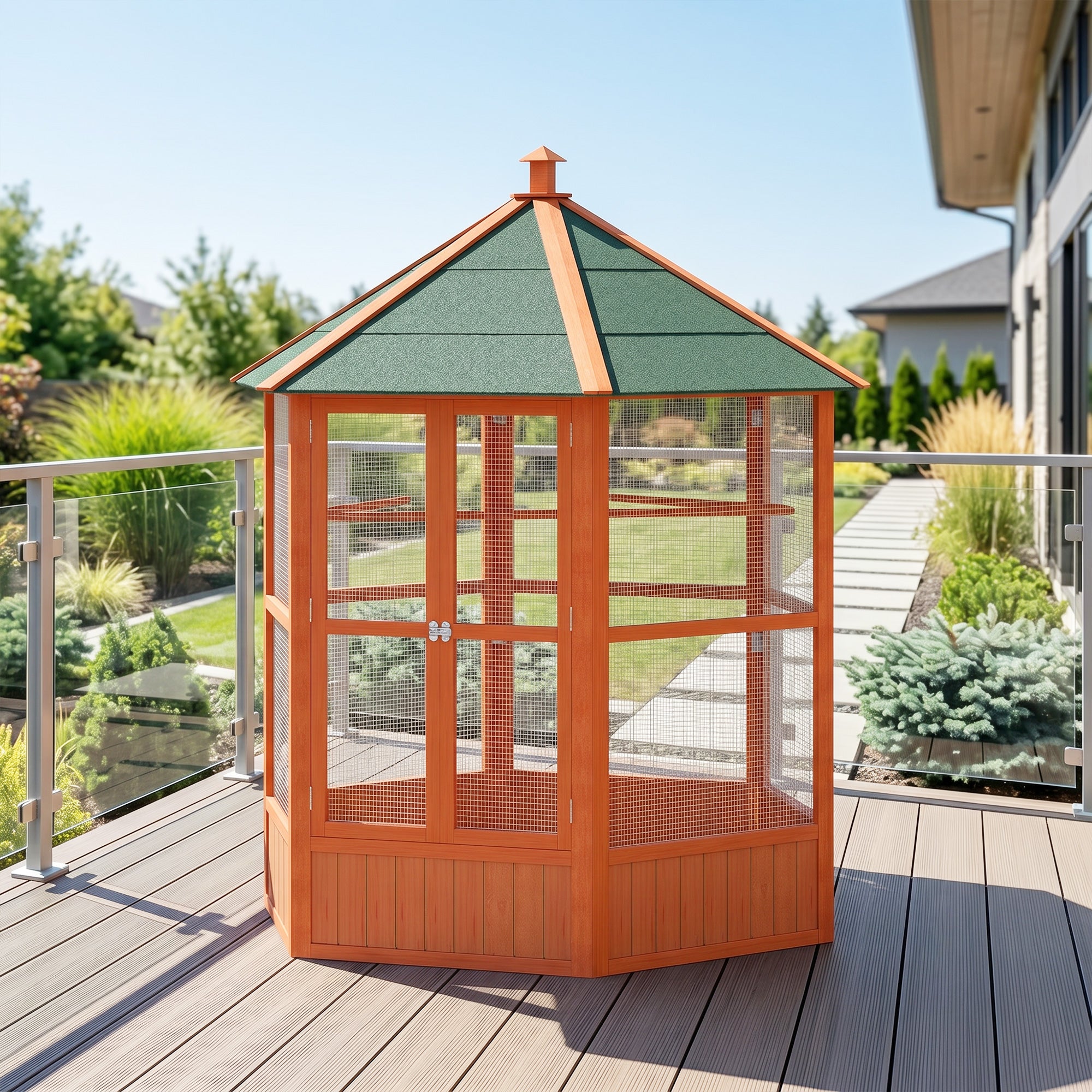 69" Wooden Hexagonal Outdoor Aviary Flight Bird Cage With Covered Roof, Brown