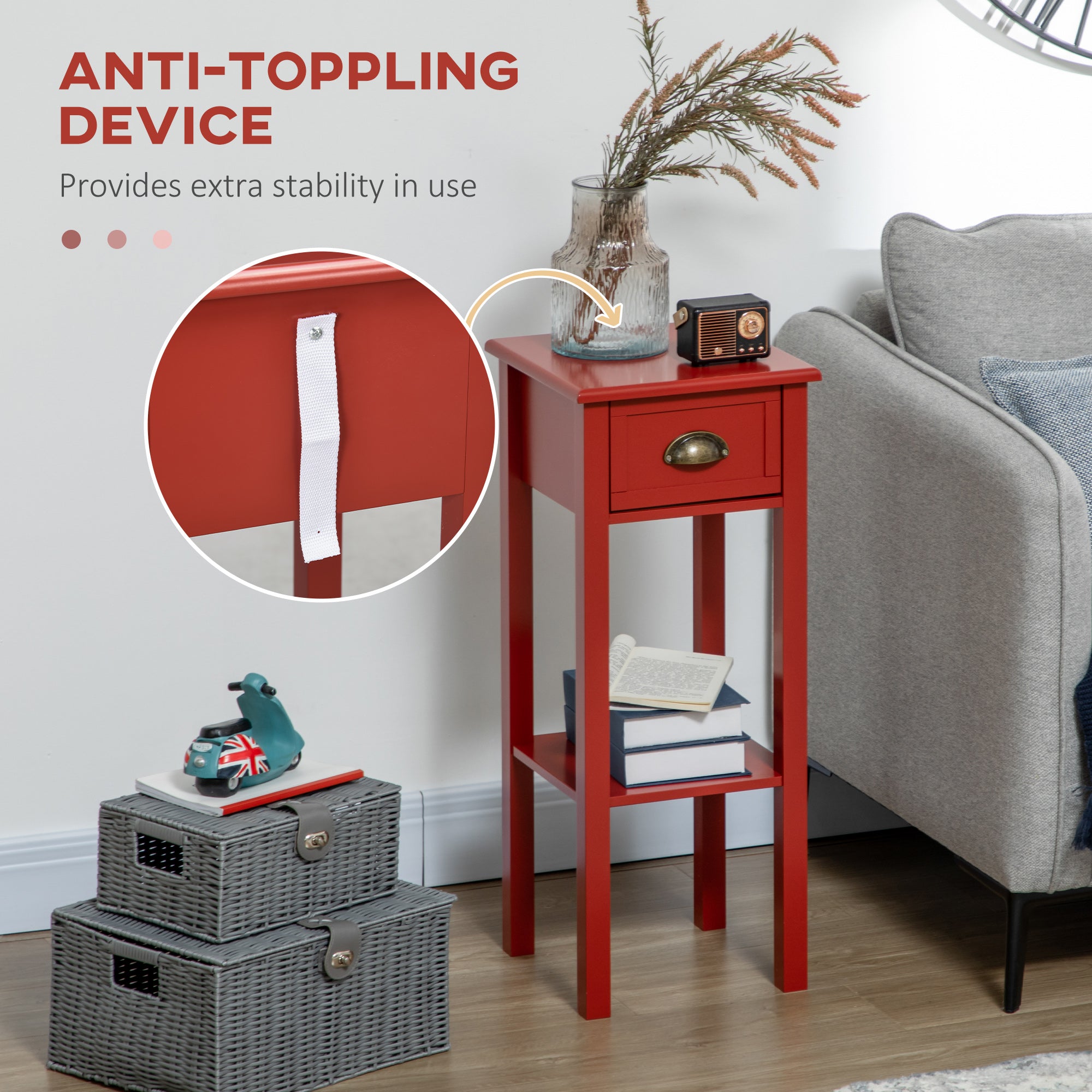 2-Tier Side Table with Drawer and Shelf, End Table for Living Room and Hallway, Red